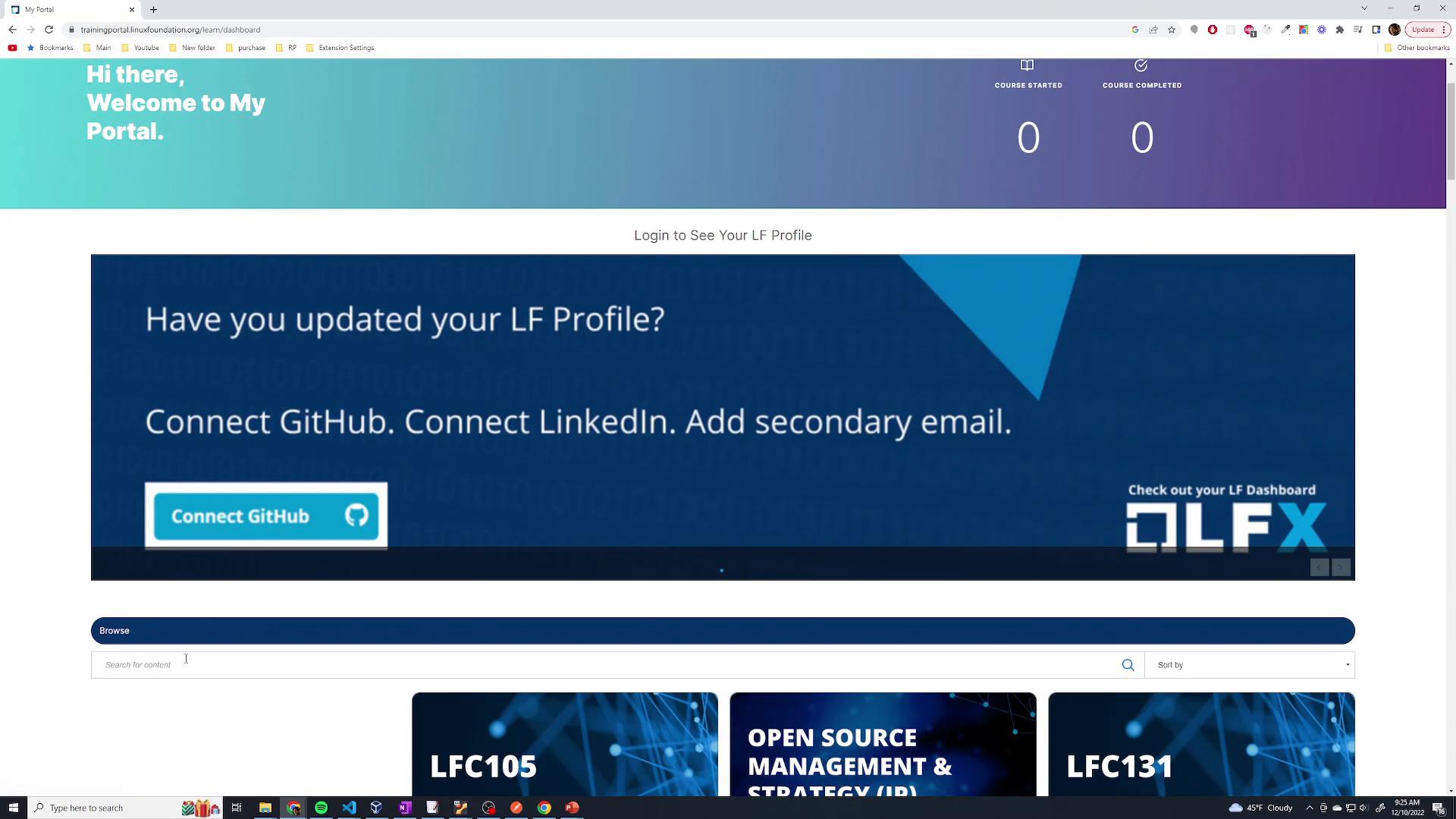 A screenshot of a training portal webpage titled "Welcome to My Portal" showing counters for courses started/completed and a large blue banner asking users to update their LF profile and connect GitHub/LinkedIn. Below the banner are search/browse controls and course tiles.