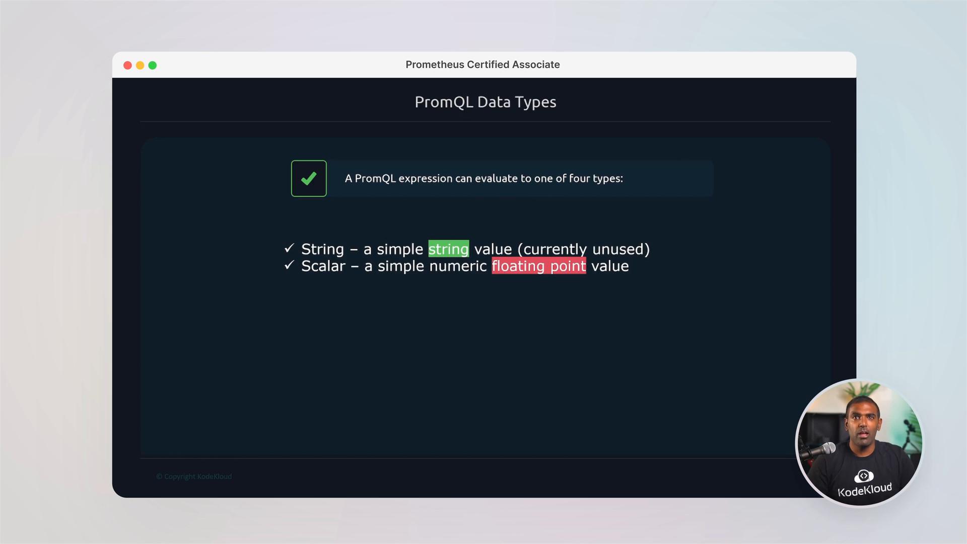 A presentation slide titled "PromQL Data Types" that lists string and scalar types (with examples highlighted). A small circular video of the instructor appears in the bottom-right corner.