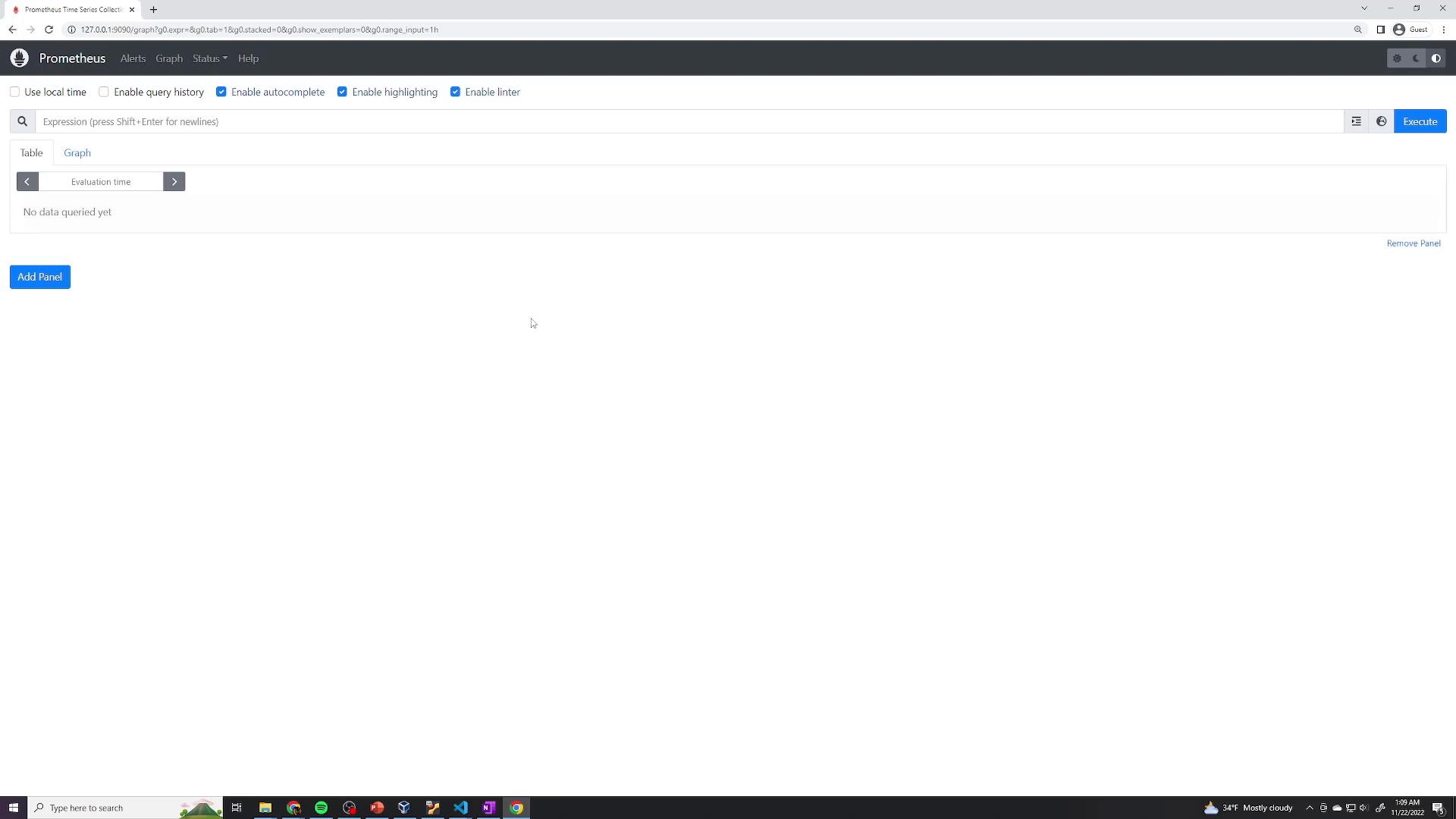 A browser screenshot of the Prometheus monitoring UI showing a query input bar, Graph/Table tabs, and a blank result area that says "No data queried yet." The toolbar shows options like Enable autocomplete, an Execute button, and an "Add Panel" button.