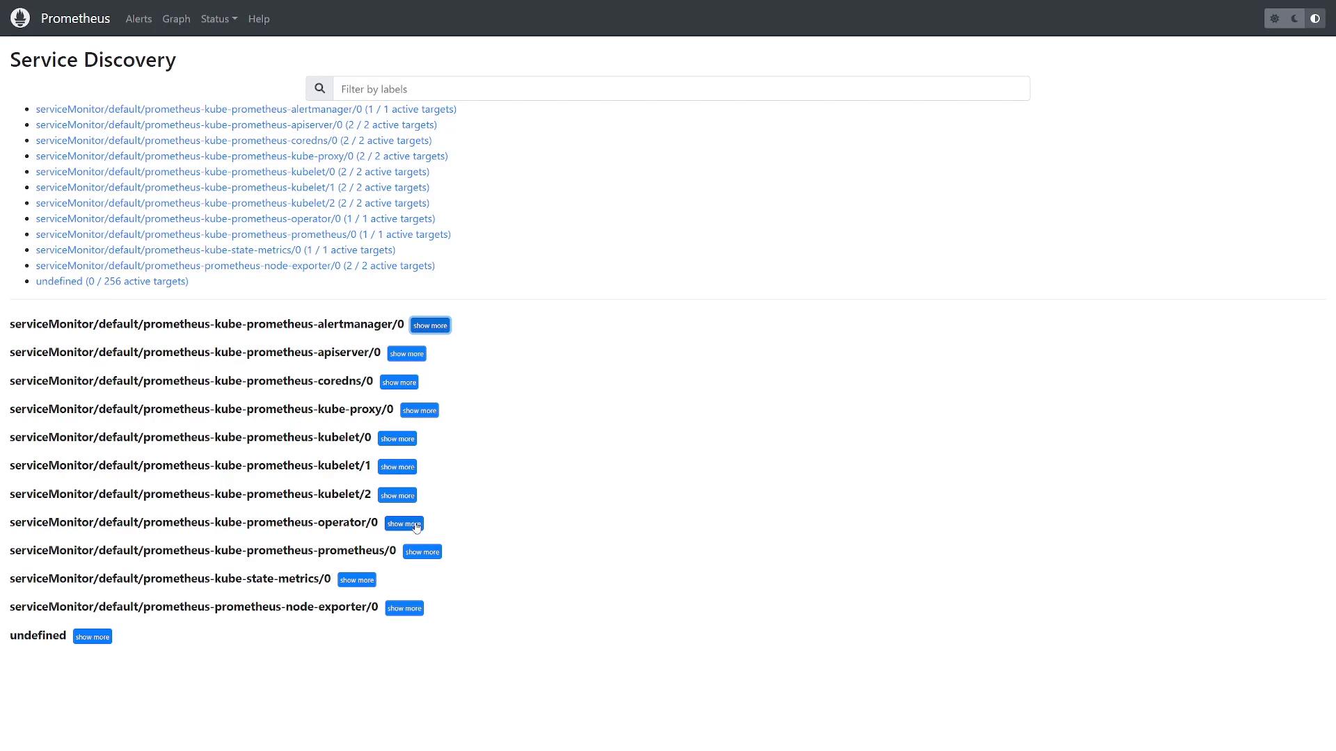 A screenshot of the Prometheus web UI on the "Service Discovery" page showing a searchable list of serviceMonitor entries (kube components like apiserver, kubelet, proxy, node-exporter) with counts of active targets and "show more" buttons. The Prometheus logo and navigation bar are visible at the top.