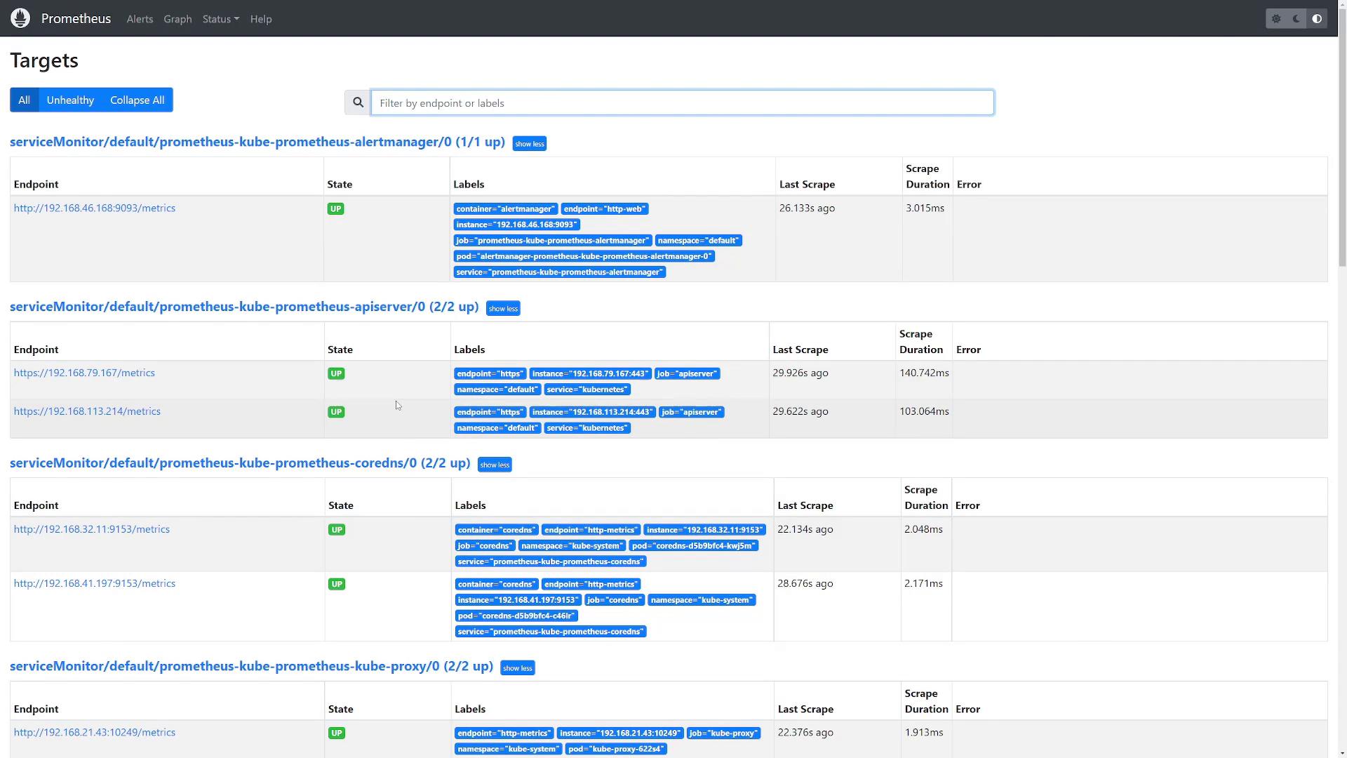 A screenshot of the Prometheus "Targets" page showing monitored service endpoints with their UP state, labels, last scrape times, and scrape durations. Multiple serviceMonitor entries (alertmanager, apiserver, coredns, kube-proxy) with IP/metrics endpoints are listed.