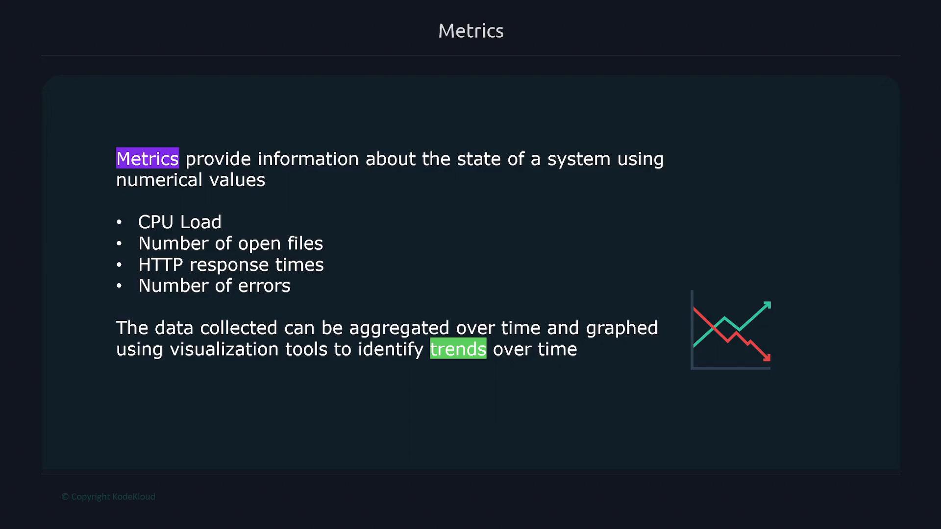 A presentation slide titled "Metrics" that lists system measurements like CPU load, number of open files, HTTP response times, and number of errors. It notes that collected data can be aggregated and graphed to identify trends and includes a small line-chart icon.
