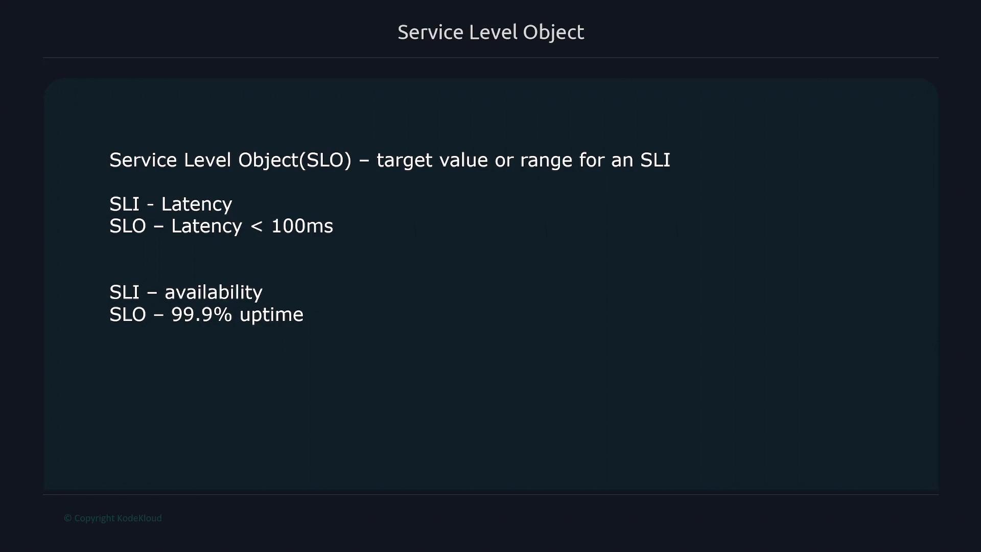 A dark slide titled "Service Level Object" explaining that an SLO is a target for an SLI, with examples: latency SLO < 100ms and availability SLO of 99.9% uptime.