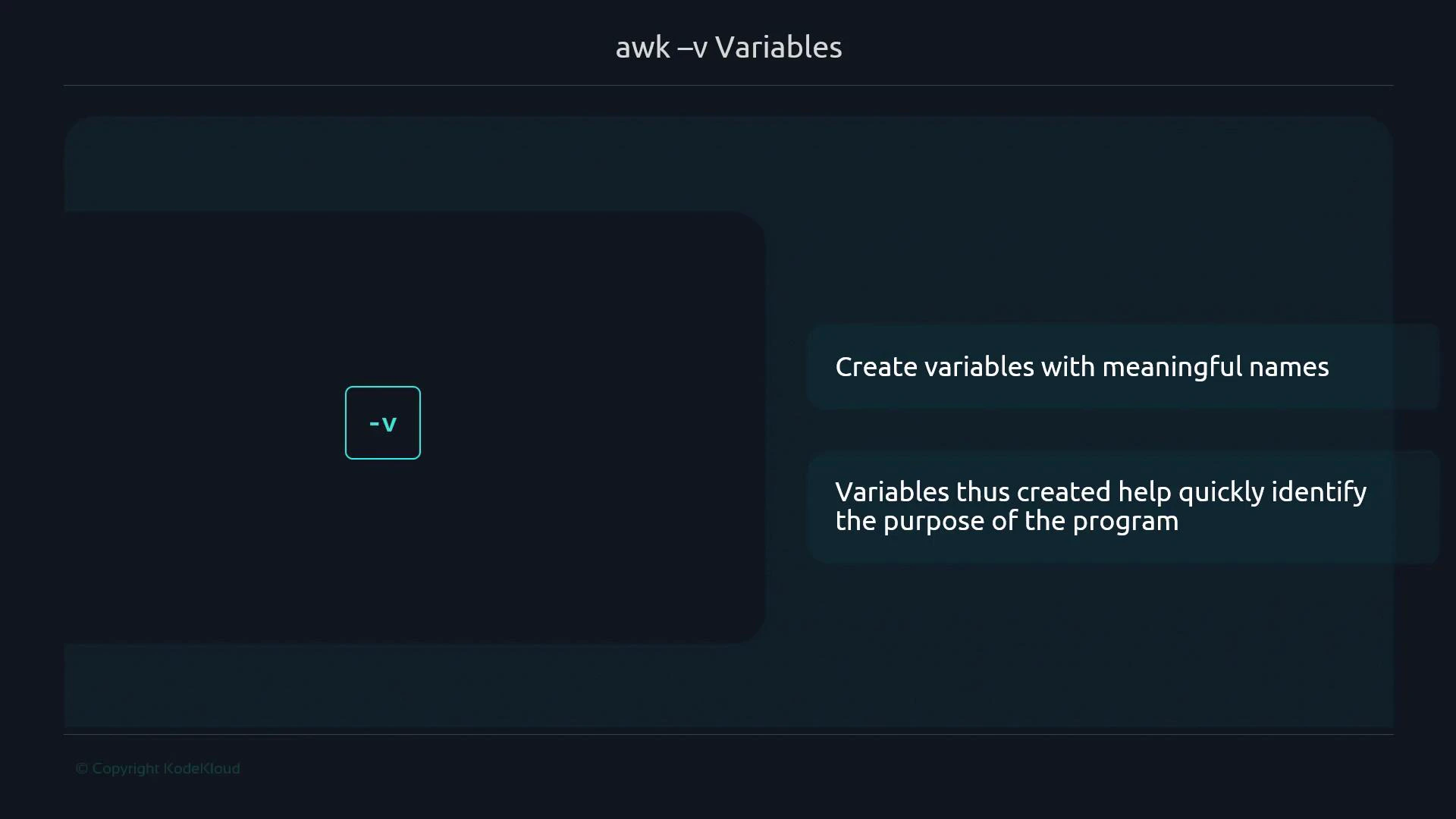 A dark-themed slide titled "awk -v Variables" showing a central "-v" icon and text advising to create meaningful variable names because they help quickly identify the program's purpose.