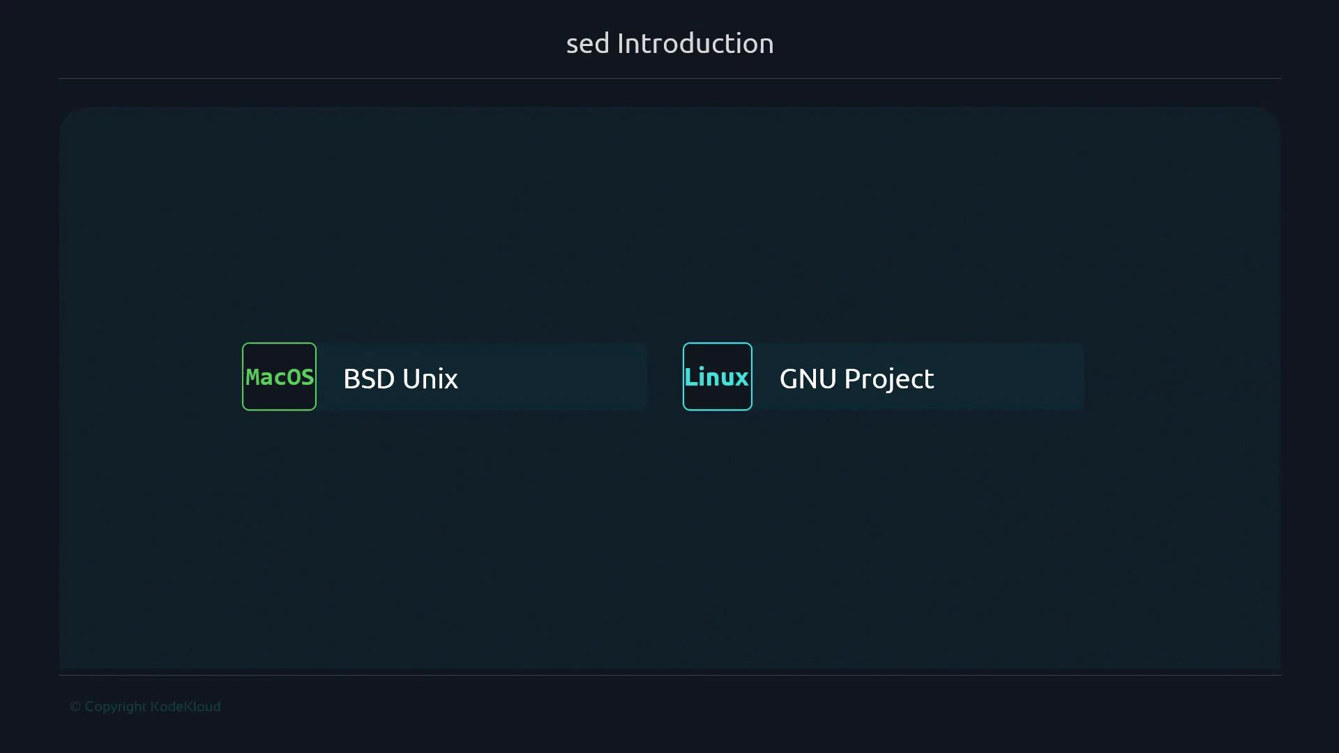 A dark-themed slide titled "sed Introduction" showing two labeled boxes. On the left is a "MacOS" tag with "BSD Unix" and on the right a "Linux" tag with "GNU Project."
