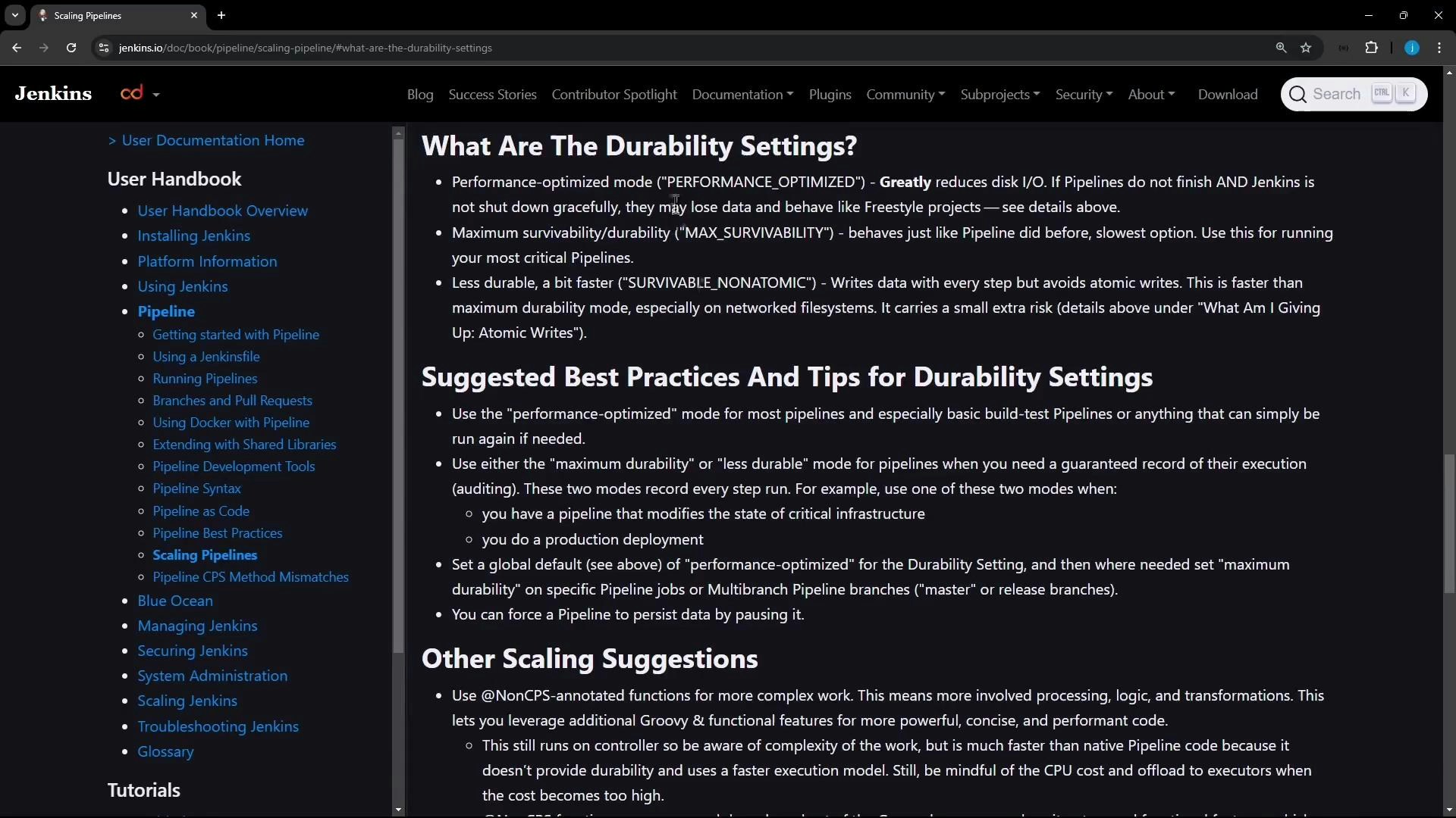A screenshot of the Jenkins documentation page titled "What Are The Durability Settings?" showing a left-hand user handbook navigation and main content describing durability modes, best practices, and scaling suggestions for pipelines.
