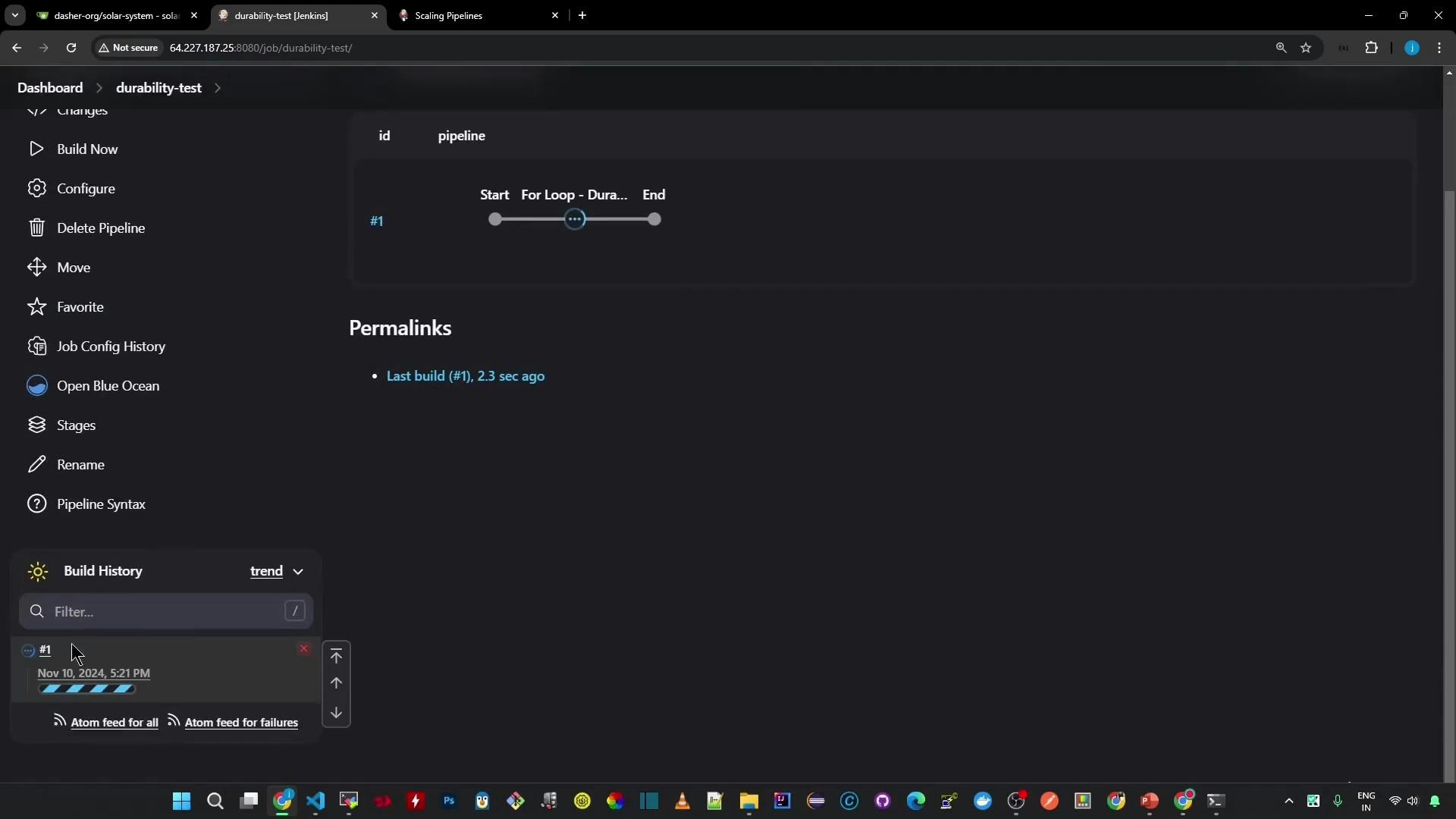 A dark-themed Jenkins pipeline dashboard for a job named "durability-test," showing a small pipeline stage diagram, permalinks, and a build history panel. The left sidebar contains job actions like Configure, Build Now, and Pipeline Syntax.