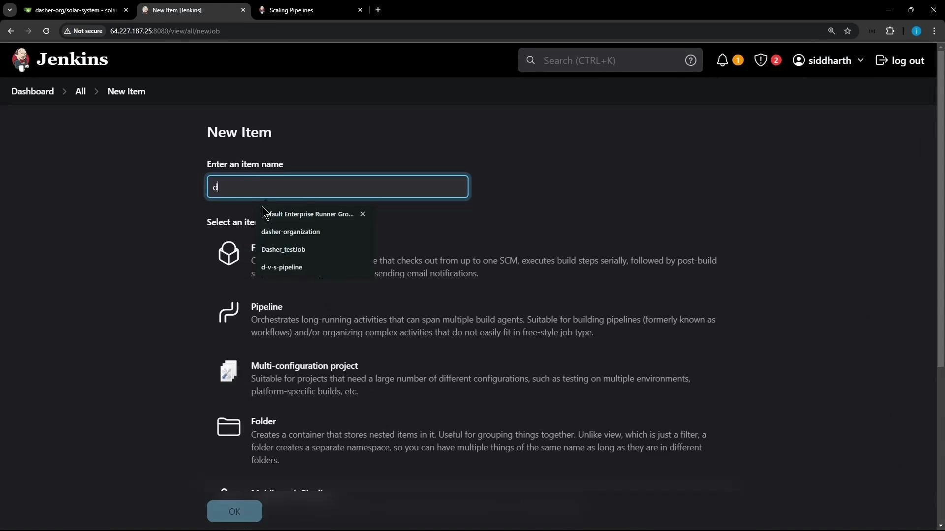 A screenshot of the Jenkins "New Item" page, showing an input field for entering an item name and a list of job types such as Pipeline, Multi-configuration project, and Folder. The browser UI and Jenkins header are also visible.