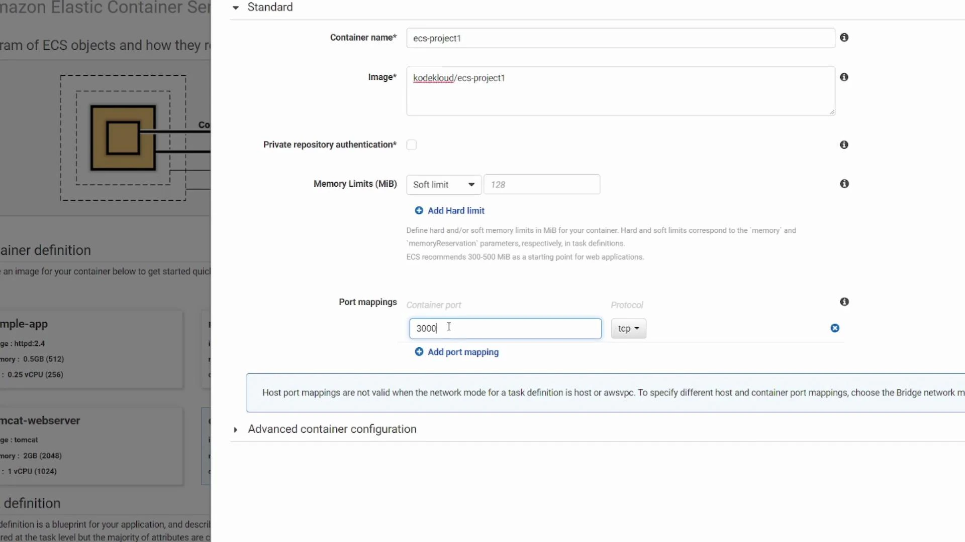 Screenshot of the AWS Elastic Container Service container configuration page. It shows a container named "ecs-project1" using image "kodekloud/ecs-project1" with memory settings and a port mapping for container port 3000/tcp.