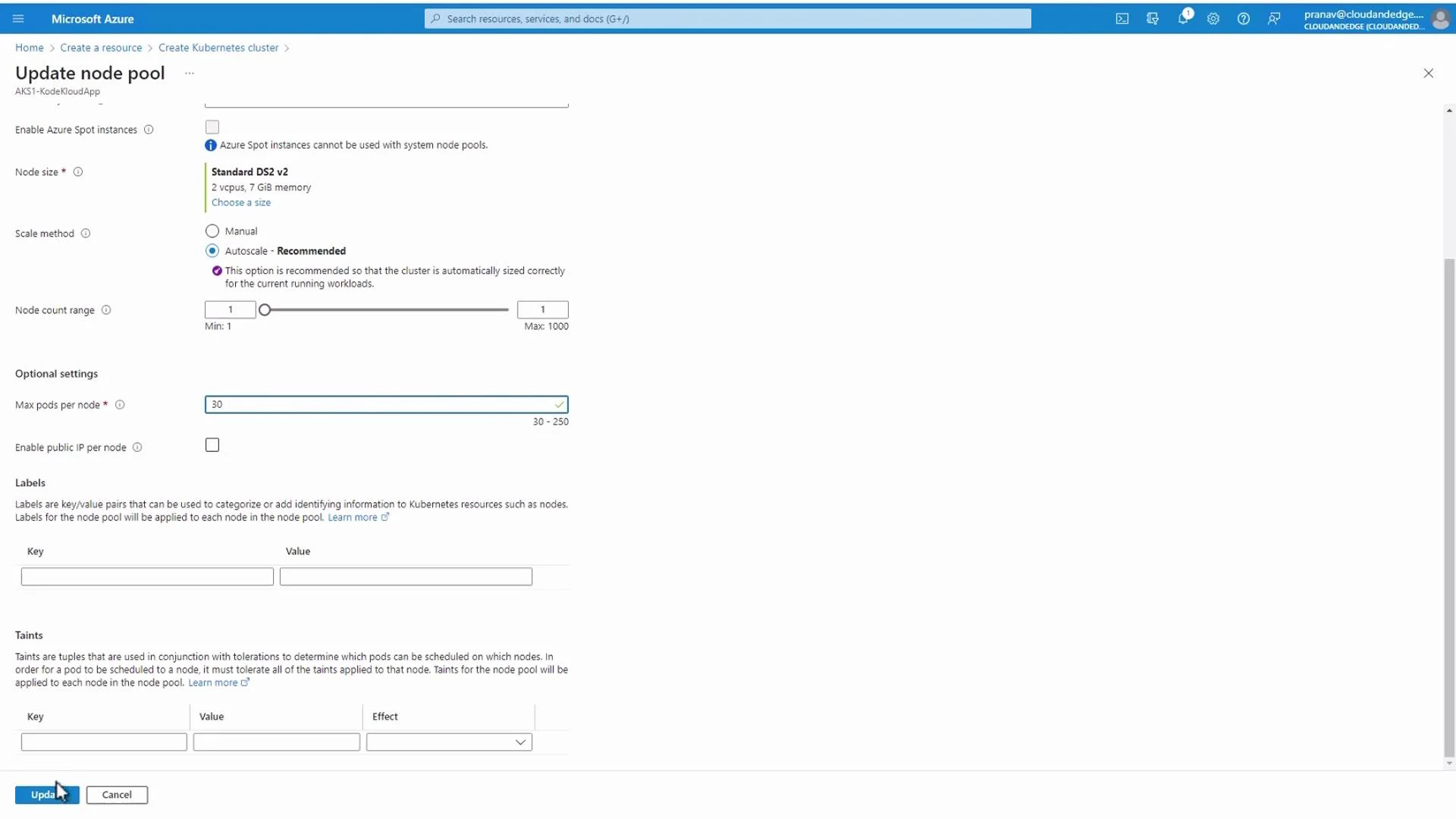 A screenshot of the Microsoft Azure portal showing the "Update node pool" settings for an AKS Kubernetes cluster, including node size, scale method (manual/autoscale), node count range, and optional settings like max pods per node. The page also shows fields for labels and taints and Update/Cancel buttons at the bottom.