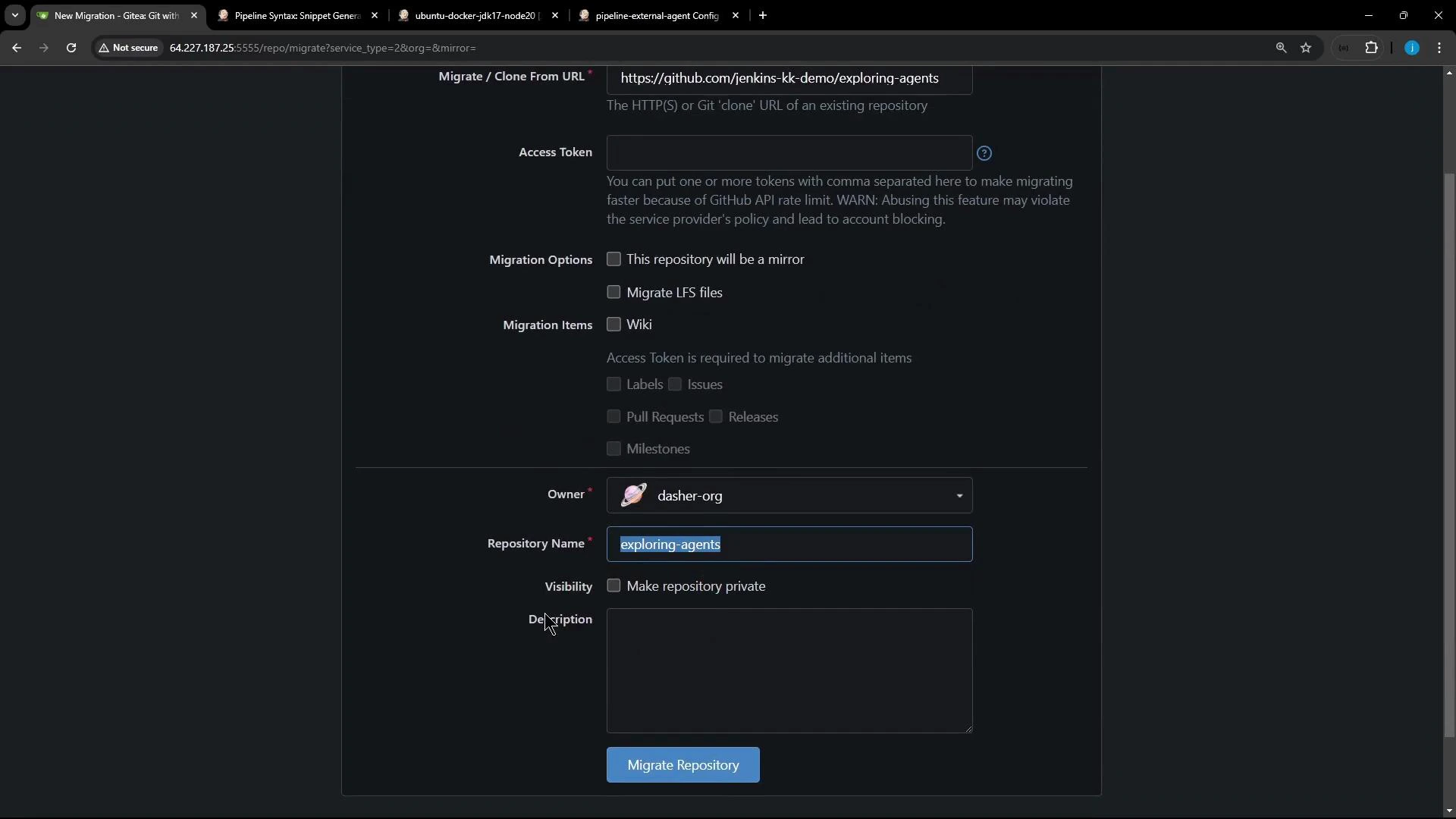 A screenshot of a web UI for migrating or cloning a Git repository. It shows fields for the source URL and access token, migration options, owner set to "dasher-org", repository name "exploring-agents", visibility and description inputs, and a "Migrate Repository" button.