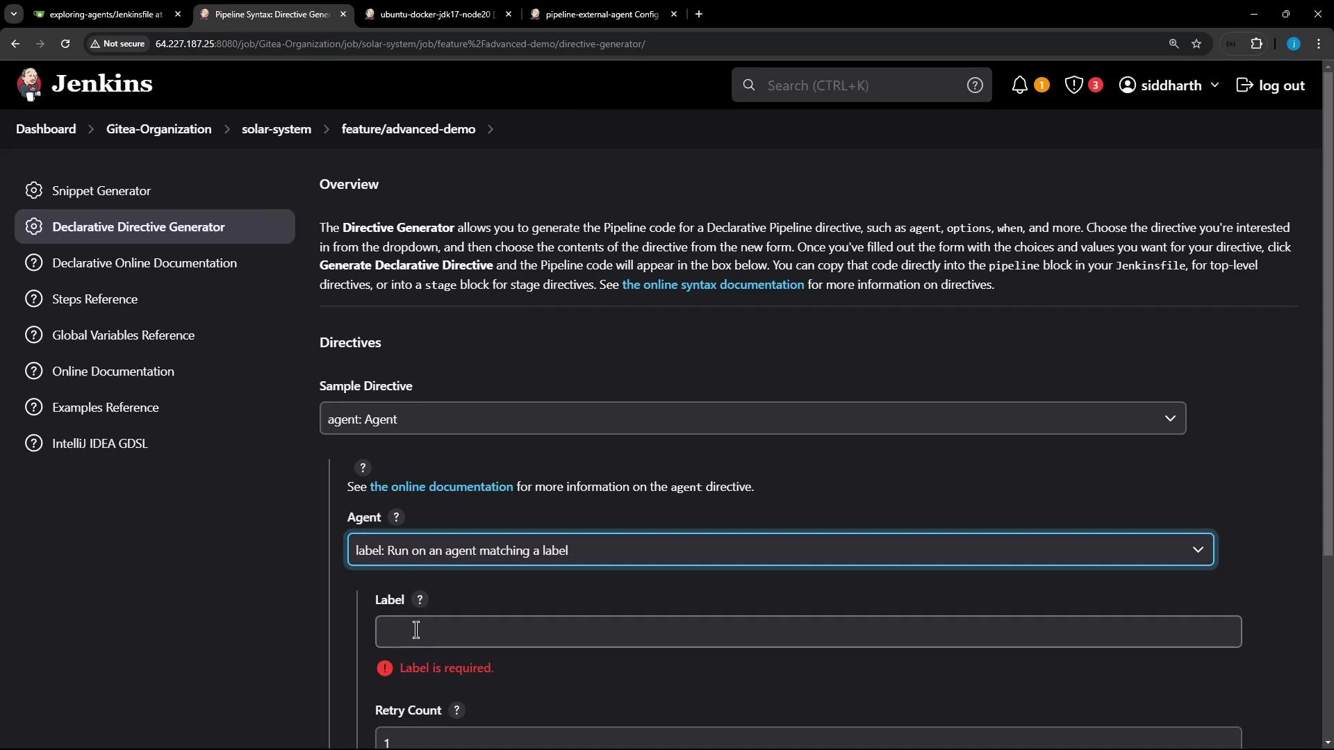 A screenshot of the Jenkins web UI showing the Declarative Directive Generator, with a form for configuring an agent (including a required label field) and a sidebar of documentation links. The top bar shows search, notifications and a user menu along with several browser tabs.