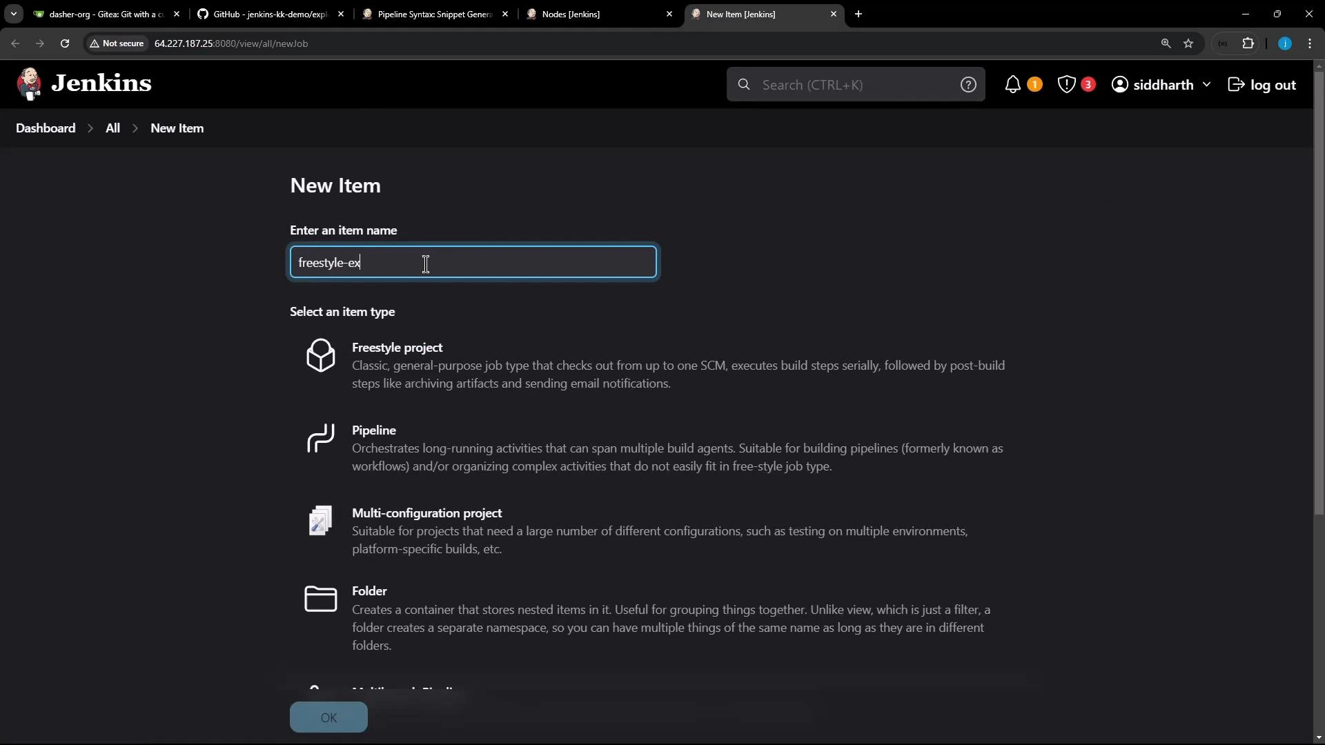 Screenshot of Jenkins' "New Item" page in dark mode. The item name field is filled with "freestyle-ex" and job-type options (Freestyle project, Pipeline, Multi-configuration project, Folder) are listed.