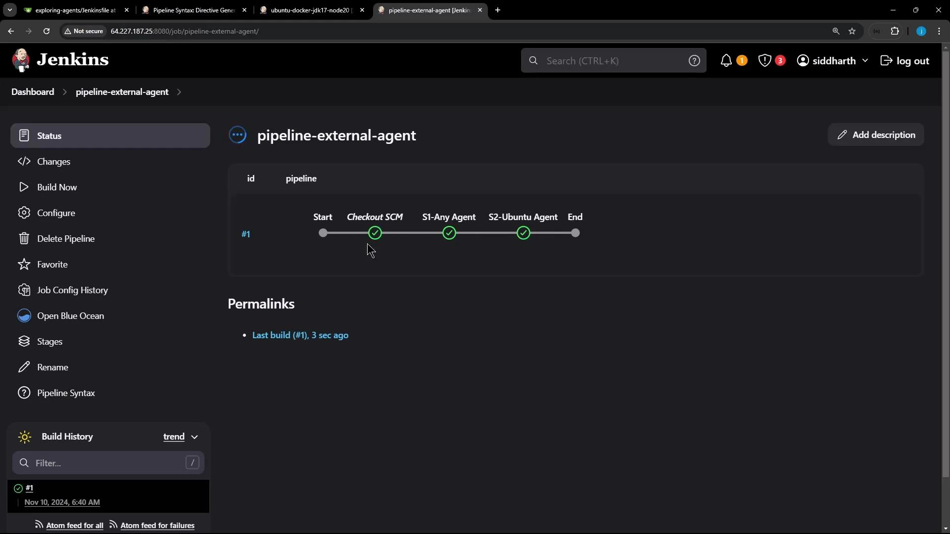 Screenshot of a Jenkins pipeline page for "pipeline-external-agent" showing a horizontal stage progress bar with completed stages (Checkout SCM, S1-Any Agent, S2-Ubuntu Agent) and the Jenkins left navigation menu.