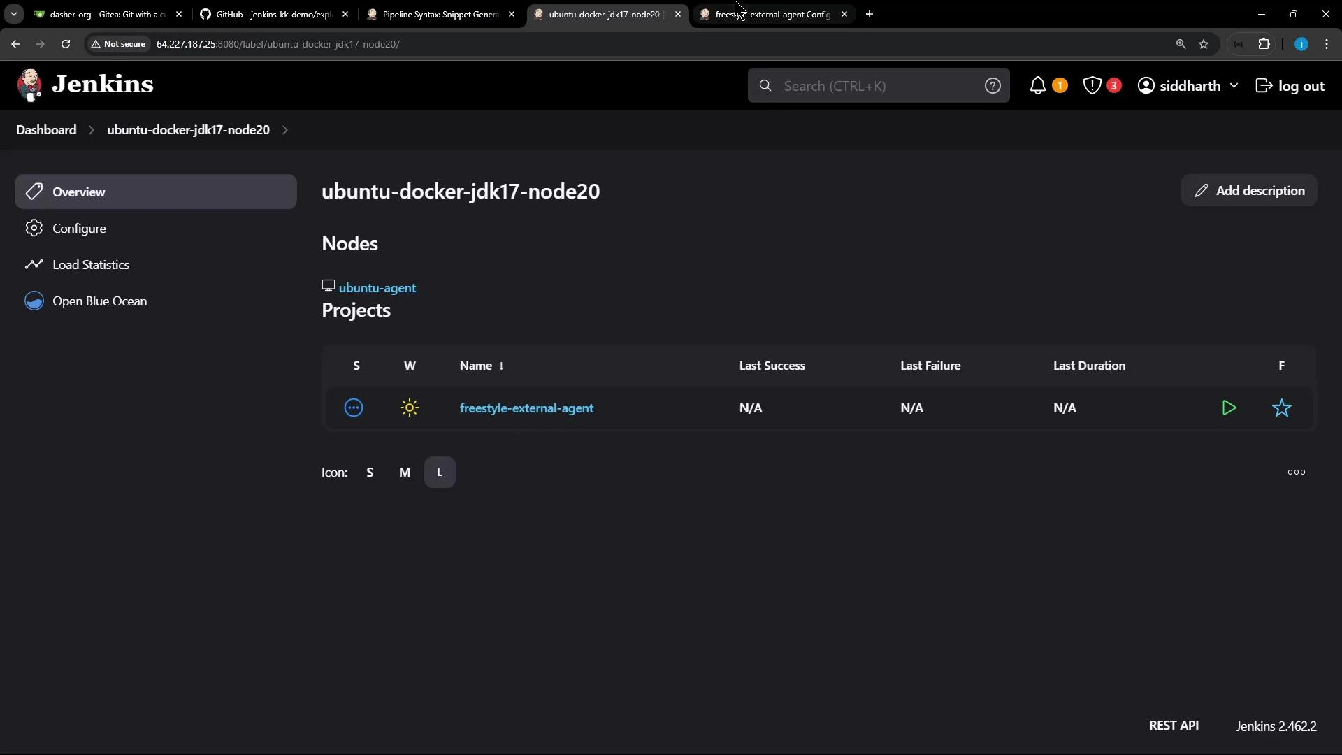 A Jenkins web UI screenshot showing the node "ubuntu-docker-jdk17-node20" with one project listed ("freestyle-external-agent") and columns for last success, failure, and duration. The left sidebar shows options like Overview, Configure, Load Statistics, and Open Blue Ocean.