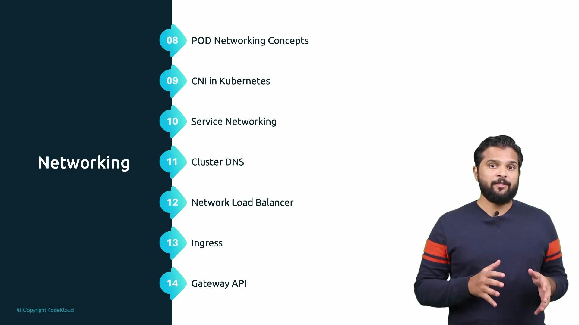 A presentation slide titled "Networking" shows a vertical timeline of topics (POD Networking Concepts; CNI in Kubernetes; Service Networking; Cluster DNS; Network Load Balancer; Ingress; Gateway API). On the right, a presenter in a dark sweater with red stripes gestures while speaking against a white background.