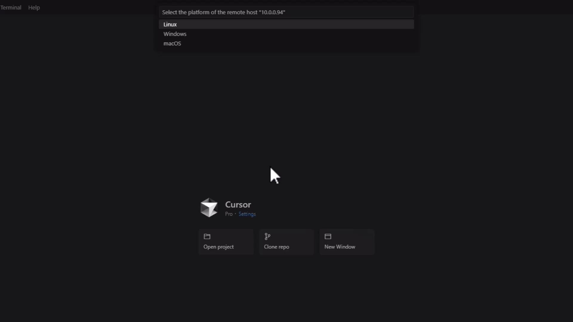A dark-themed application start screen for "Cursor" showing a large mouse cursor icon above three buttons labeled "Open project", "Clone repo", and "New Window." At the top is a dropdown prompting selection of the remote host platform (Linux, Windows, macOS) for host "10.0.0.94."