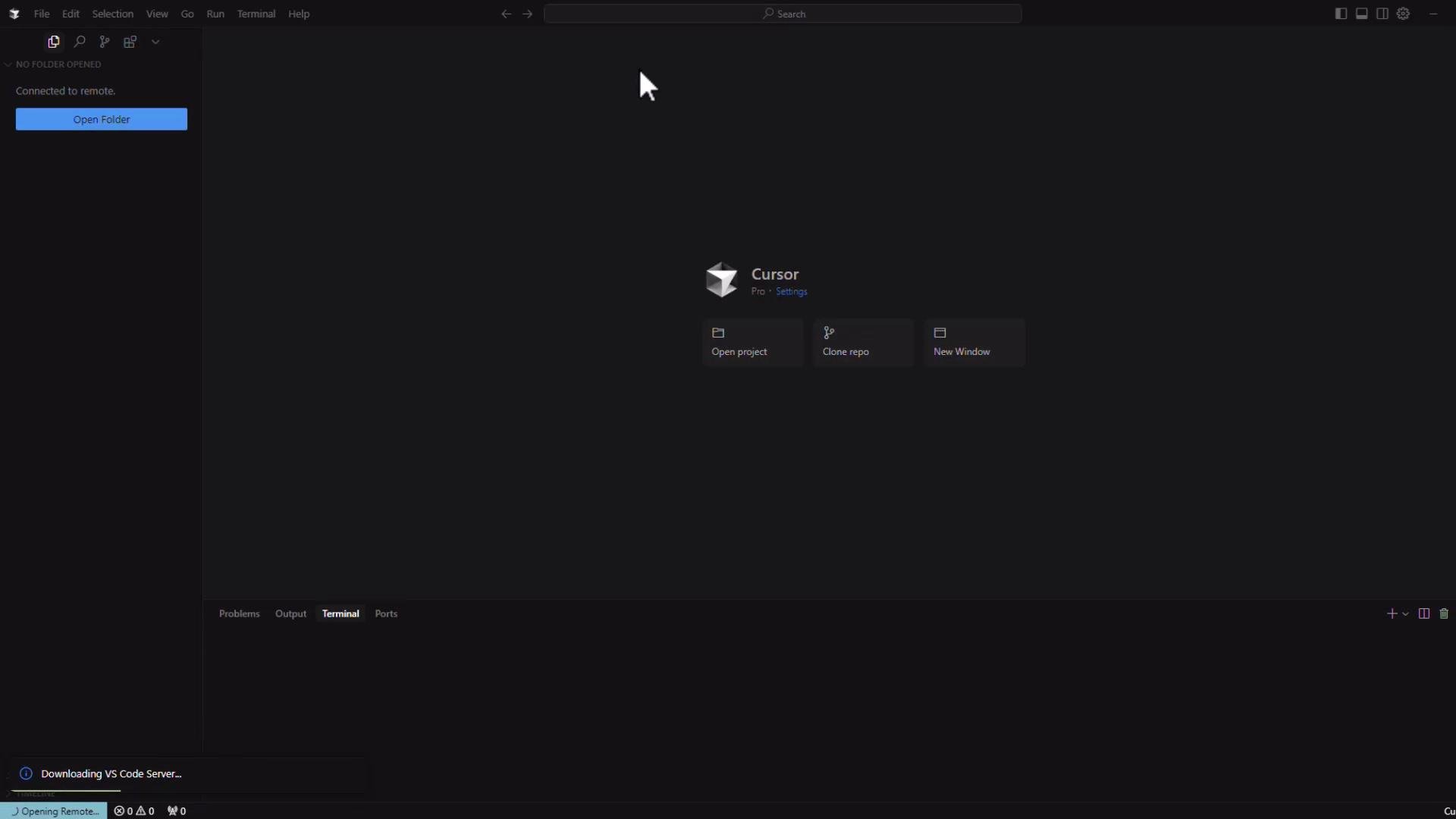 A dark-themed Visual Studio Code window showing a startup screen labeled "Cursor" with buttons to open a project, clone a repo, or open a new window. The left sidebar has an "Open Folder" button and the bottom status area shows "Downloading VS Code Server...".