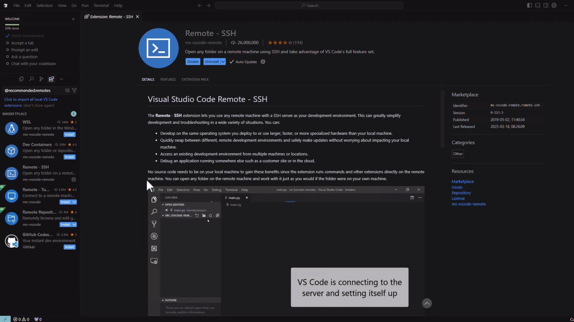 A screenshot of Visual Studio Code showing the Extensions view open to the "Remote - SSH" extension page, with details, install/disable buttons, and a preview of using VS Code to connect to a remote server. The left sidebar lists other remote-related extensions and the right pane shows marketplace metadata.