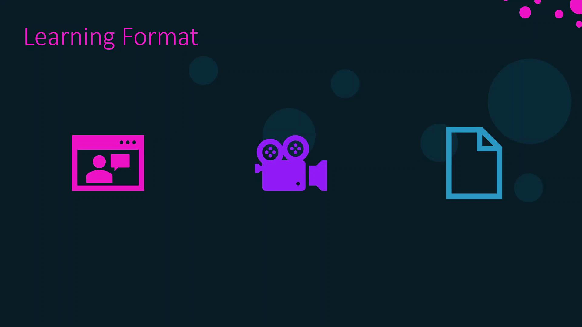 A dark presentation slide titled "Learning Format" in pink. It shows three colorful icons across the center: a pink web/video chat icon with a person and speech bubble, a purple film camera, and a blue document/file icon.