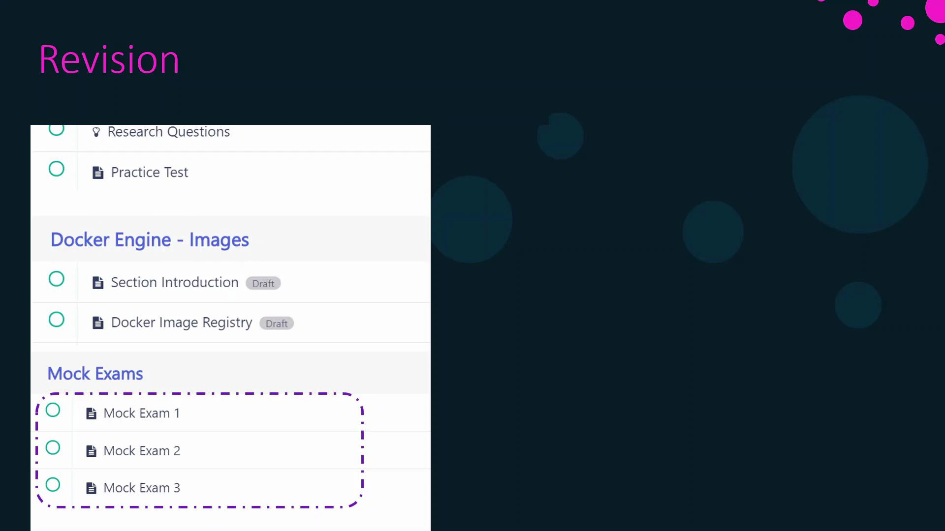 A slide titled "Revision" showing a course/module sidebar. It lists "Docker Engine - Images" items and a "Mock Exams" section with three mock exams highlighted by a purple dashed border.