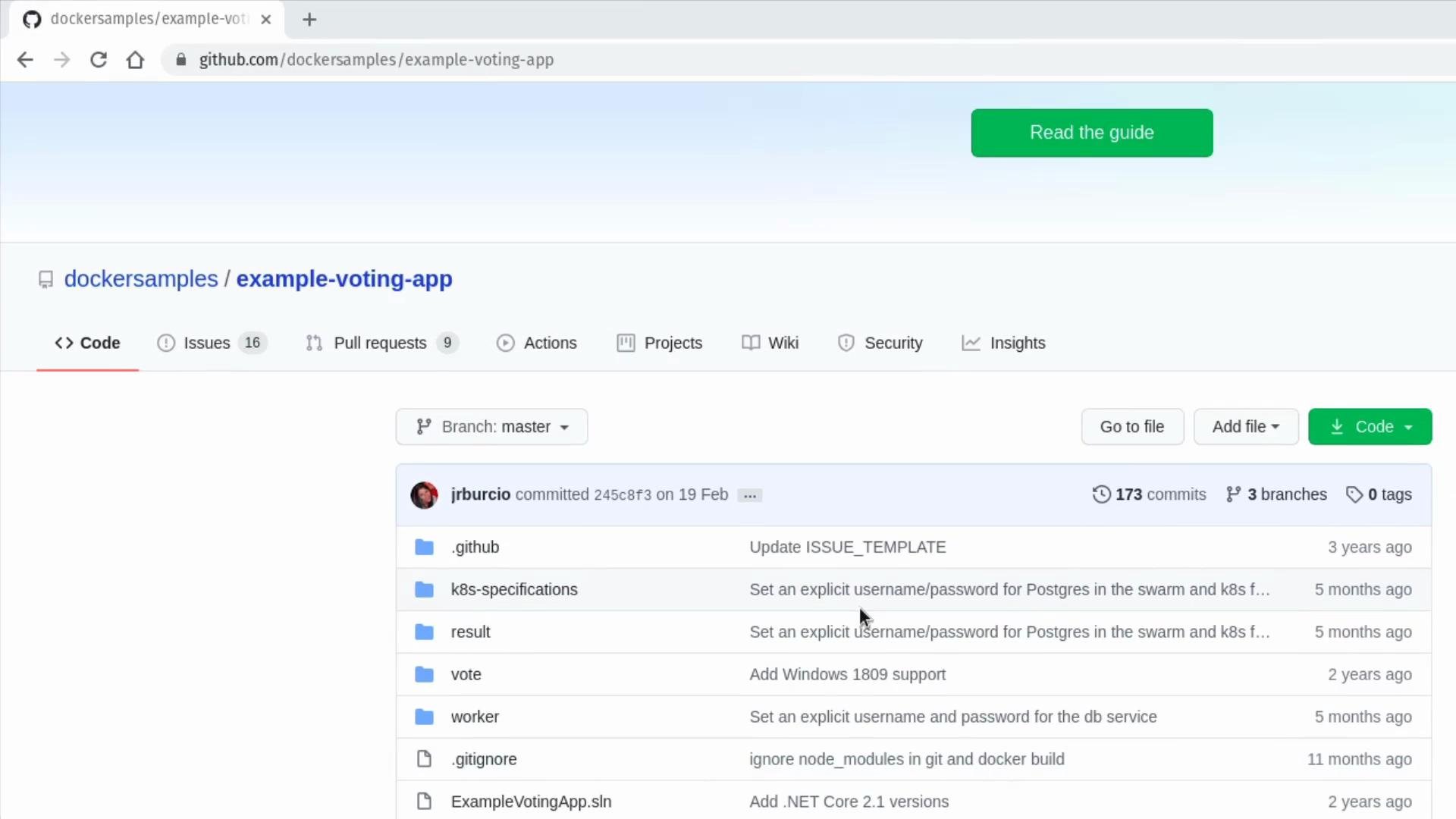 A screenshot of a GitHub repository page for "dockersamples/example-voting-app," showing the Code tab with a file list, branch selector, commit info, and action buttons like "Go to file," "Add file," and "Code."