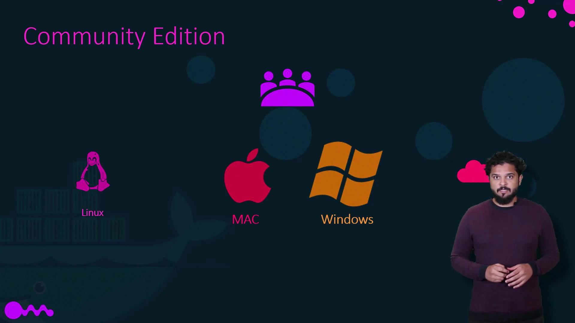 A slide titled "Community Edition" showing icons for Linux, Mac, and Windows with a small group icon above them. A presenter stands on the right against a dark background.