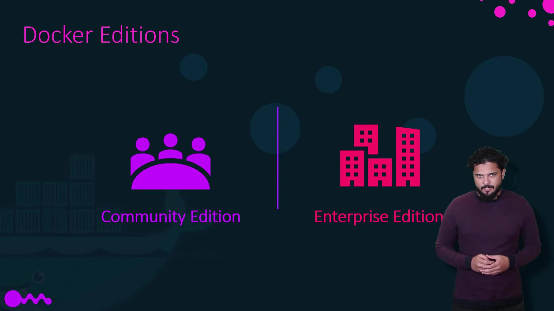 A presentation slide titled "Docker Editions" showing two options: a purple "Community Edition" icon with three people on the left and a pink "Enterprise Edition" icon of buildings on the right. A presenter stands at the bottom-right of the slide.