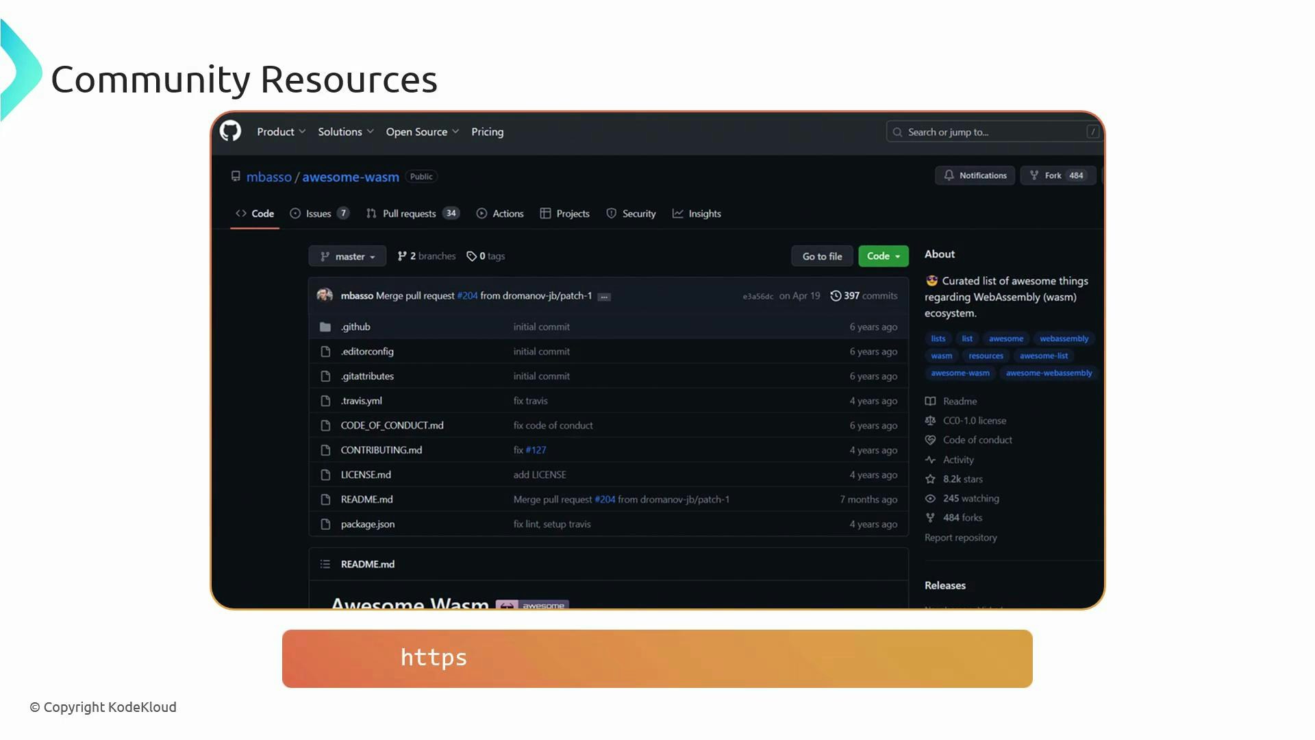 A slide titled "Community Resources" showing a screenshot of a GitHub repository page for an "awesome-wasm" project with a file list and repository details. Below the screenshot is a rounded orange bar labeled "https" and a small copyright notice for KodeKloud.