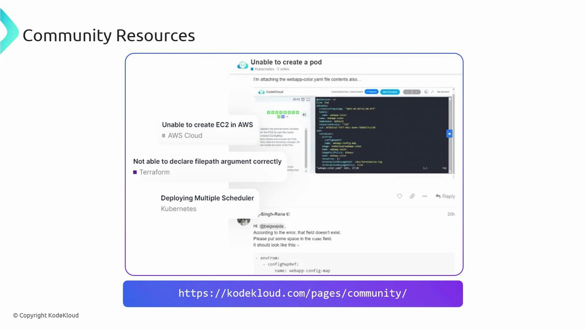 A slide titled "Community Resources" showing a screenshot of a community forum with troubleshooting posts (e.g., "Unable to create a pod," "Unable to create EC2 in AWS," Terraform and Kubernetes questions). The image also displays the community URL: https://kodekloud.com/pages/community/.