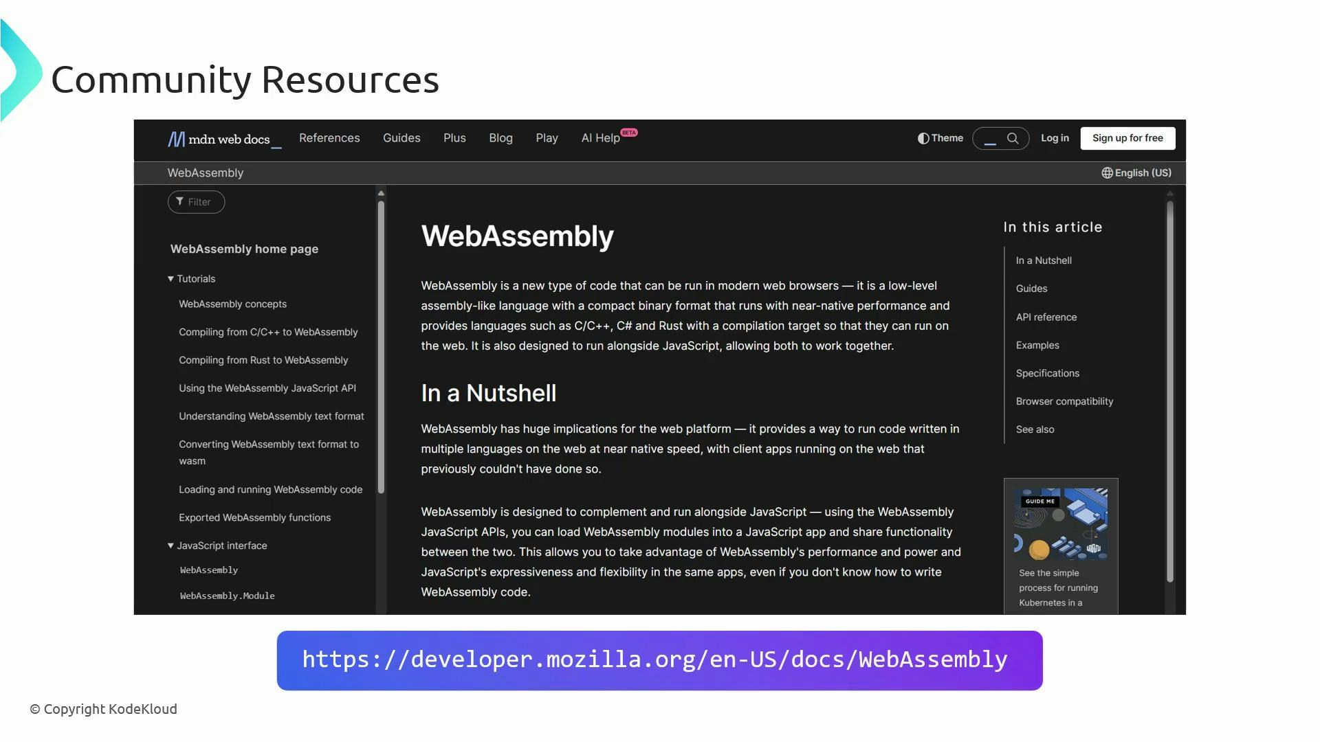 A slide titled "Community Resources" showing a screenshot of the MDN Web Docs article for "WebAssembly" with the site’s dark-themed navigation and article content. The URL developer.mozilla.org/en-US/docs/WebAssembly is shown in a blue label below the screenshot.