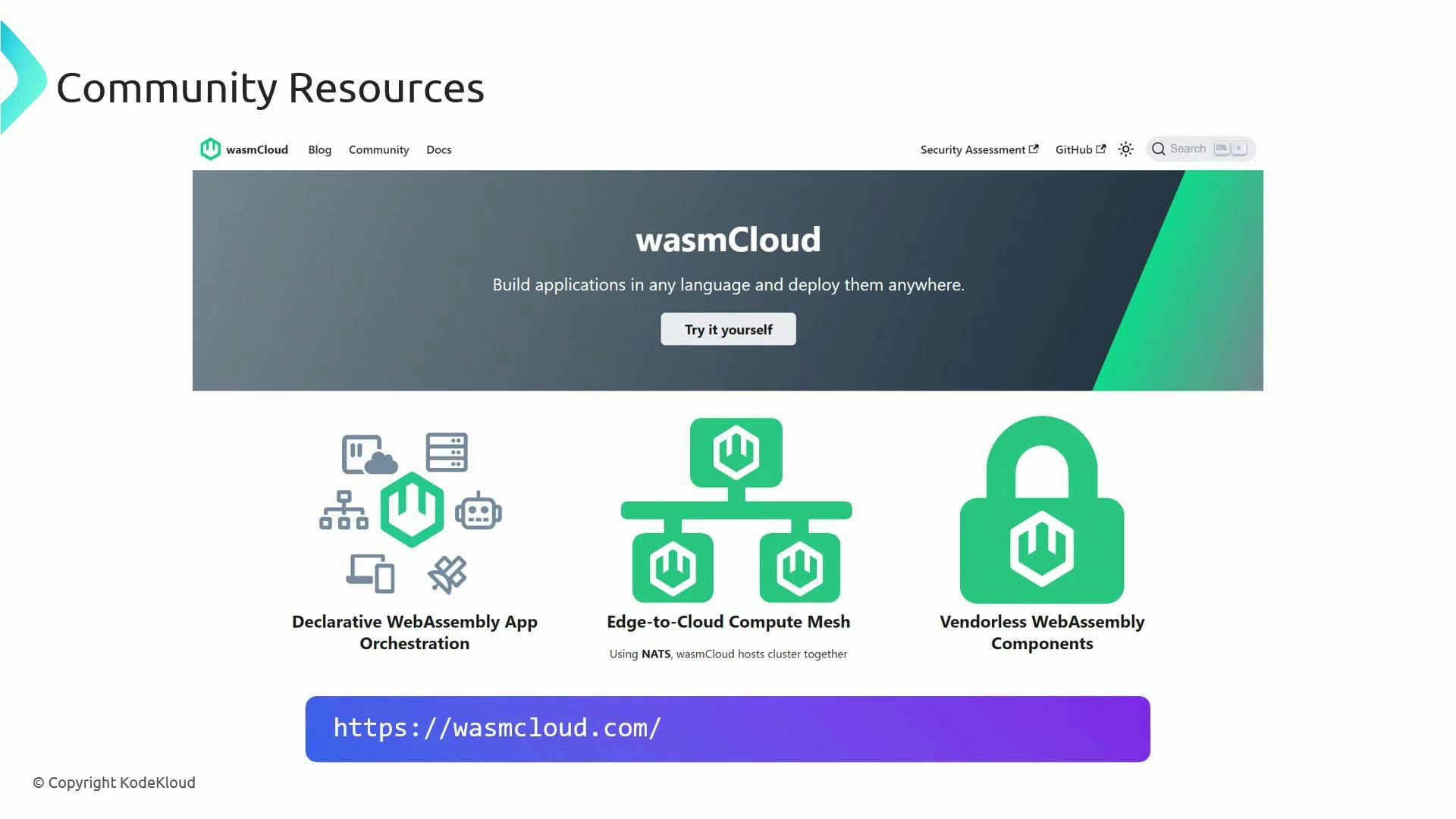 A screenshot of the wasmCloud "Community Resources" webpage with a banner that says "wasmCloud" and a "Try it yourself" button. Below are three green feature icons labeled Declarative WebAssembly App Orchestration, Edge-to-Cloud Compute Mesh, and Vendorless WebAssembly Components, plus the URL https://wasmcloud.com.