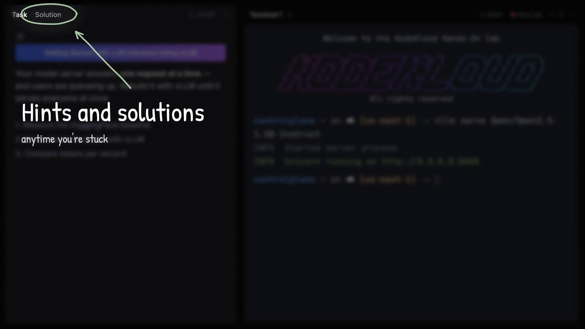 A dark split-screen interface: the left panel prominently reads "Hints and solutions — anytime you're stuck" with a circled "Solution" header and arrow, while the right panel shows a blurred code/terminal area.