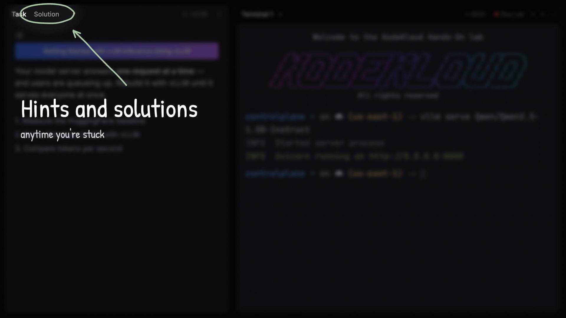 A dark split-screen interface: the left panel prominently reads "Hints and solutions — anytime you're stuck" with a circled "Solution" header and arrow, while the right panel shows a blurred code/terminal area.