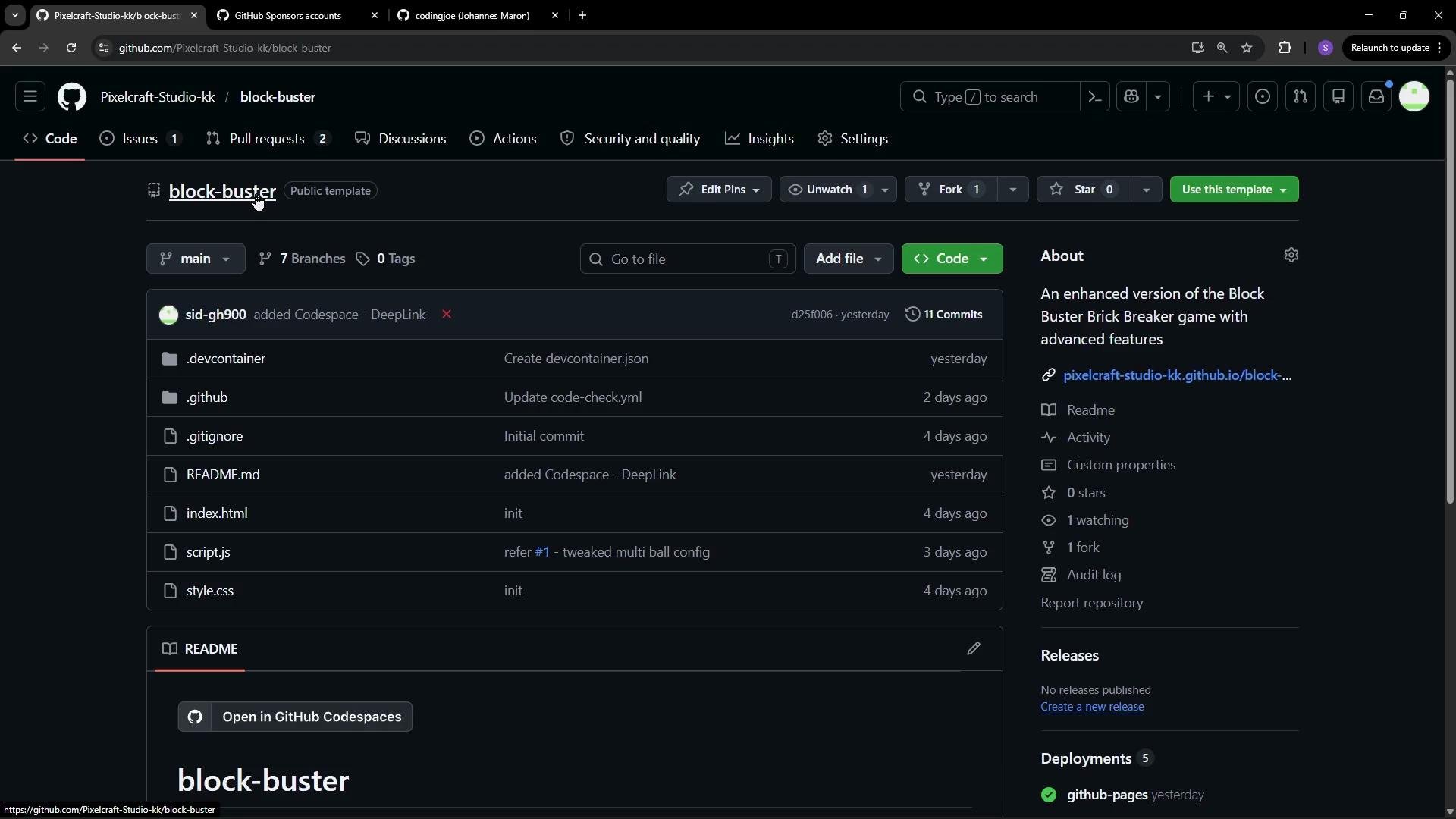 This image shows a GitHub repository page for a project called "block-buster," which is an enhanced version of a brick breaker game. The repository includes various files like .devcontainer, index.html, script.js, and others, with recent commit activity displayed.