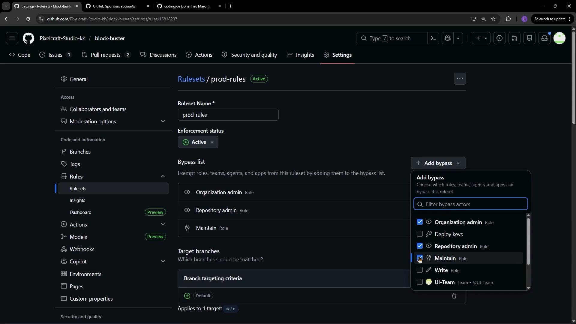 This image shows the settings page of a GitHub repository titled "block-buster" where rulesets are being configured, including enforcement status and bypass lists. The interface also shows options for adding bypass actors such as roles or teams.