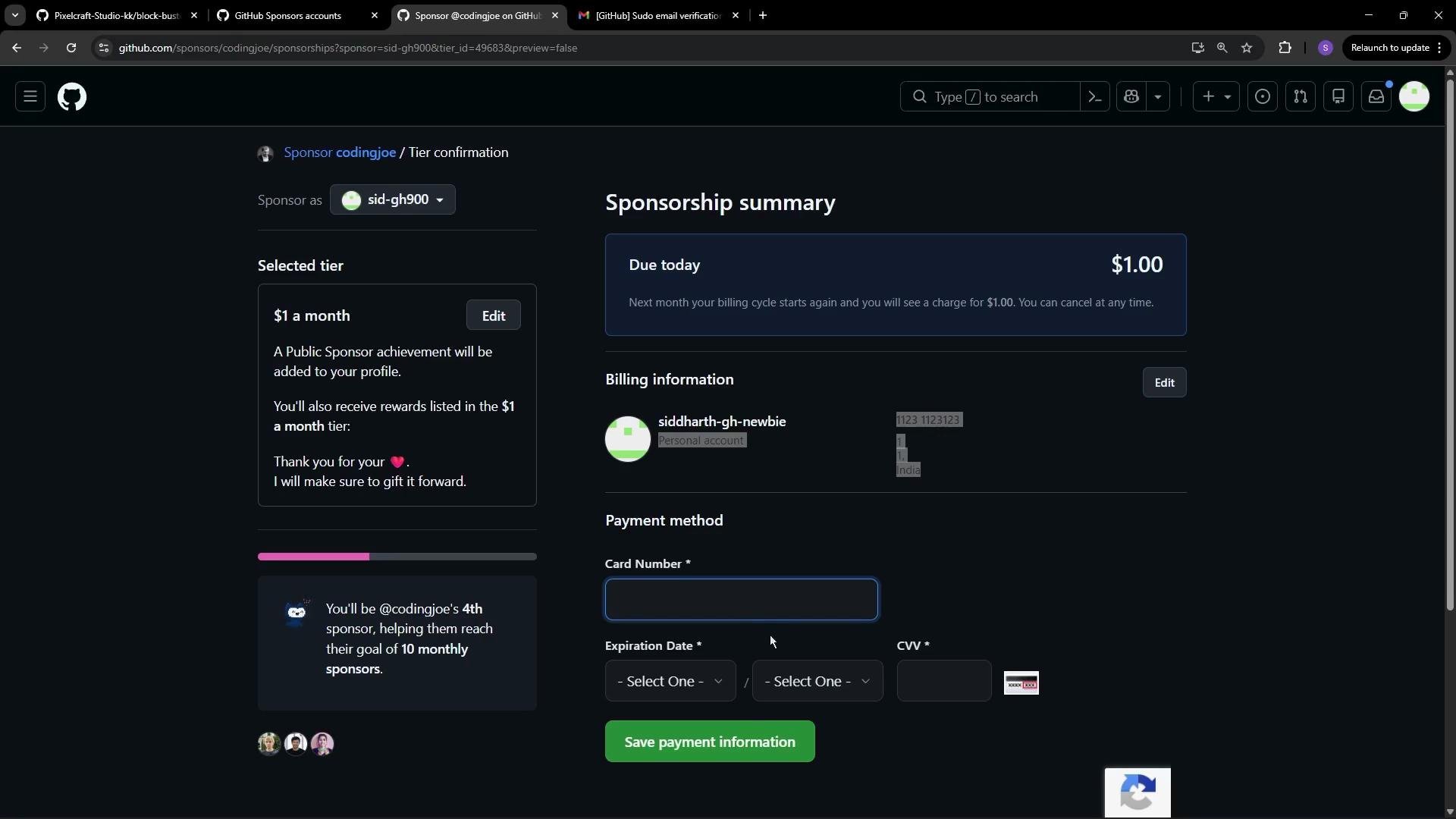 The image shows a GitHub sponsorship page where a user is confirming a $1 per month tier sponsorship. It includes sections for billing information, payment method, and an achievement notification.