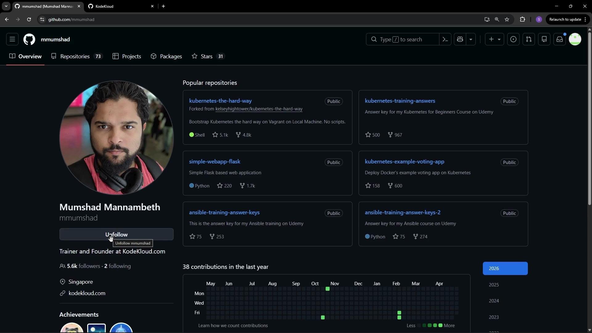 The image shows a GitHub profile page with user details, repositories, and contribution stats. The profile features various repositories related to Kubernetes and Ansible.