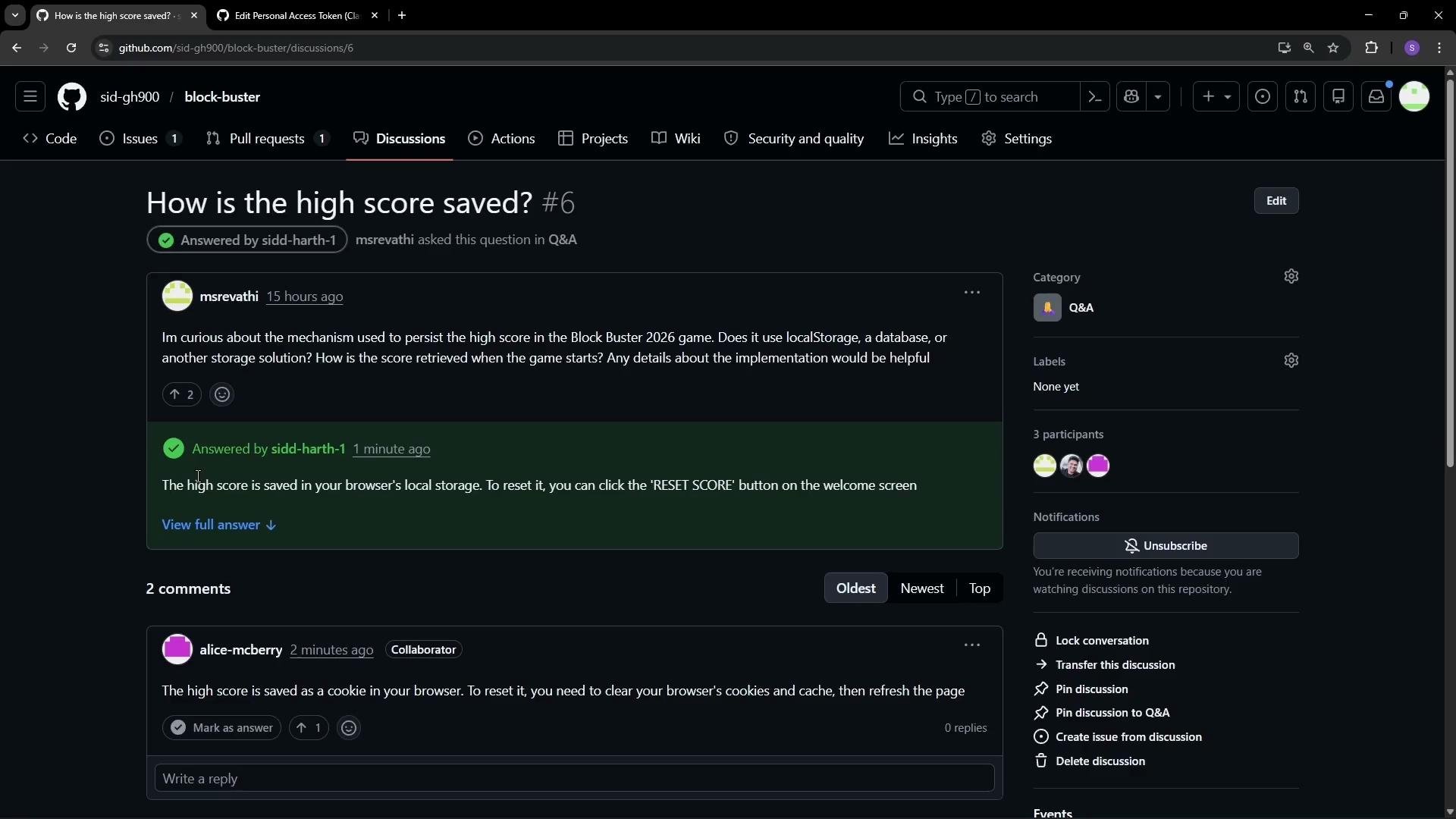 The image is a screenshot of a GitHub discussion page where users are discussing how the high score is saved in a game called Block Buster 2026, with answers mentioning using the browser's localStorage and cookies.