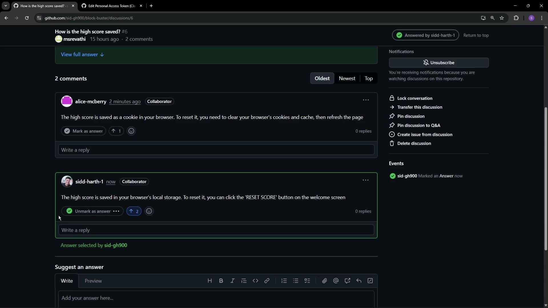 The image shows a GitHub discussion thread about how to save and reset the high score in a browser, with comments suggesting different methods.