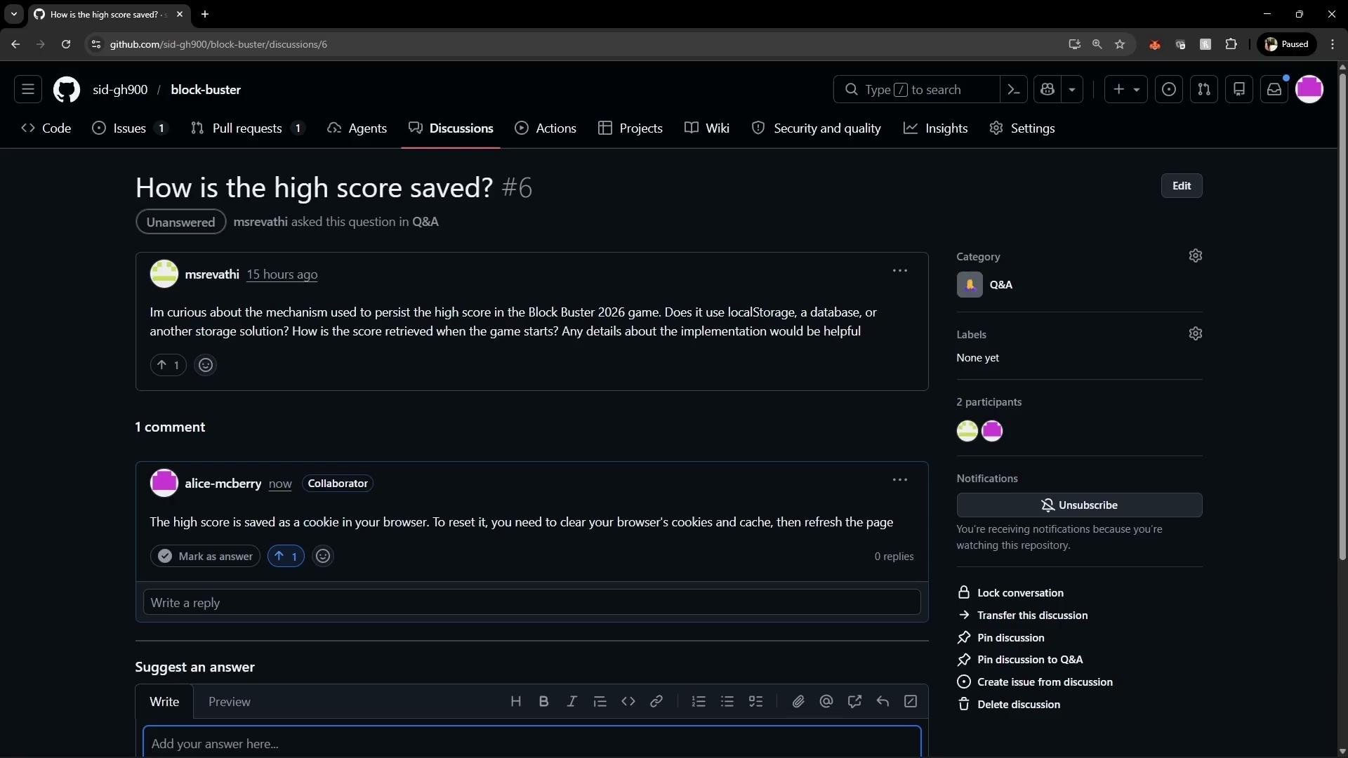 The image shows a GitHub discussion page where a user asks about how high scores are saved in a game, and a collaborator responds that it's saved as a cookie in the browser.