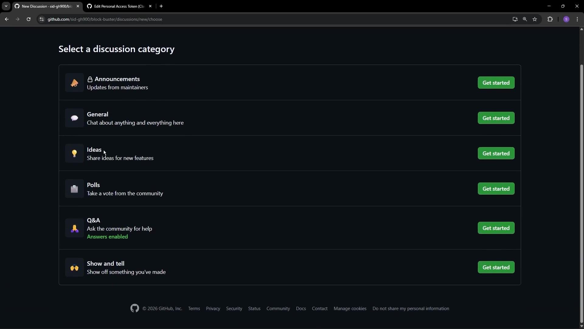 The image shows a GitHub page where users can select a discussion category, with options like Announcements, General, Ideas, Polls, Q&A, and Show and tell. Each category has a "Get started" button.