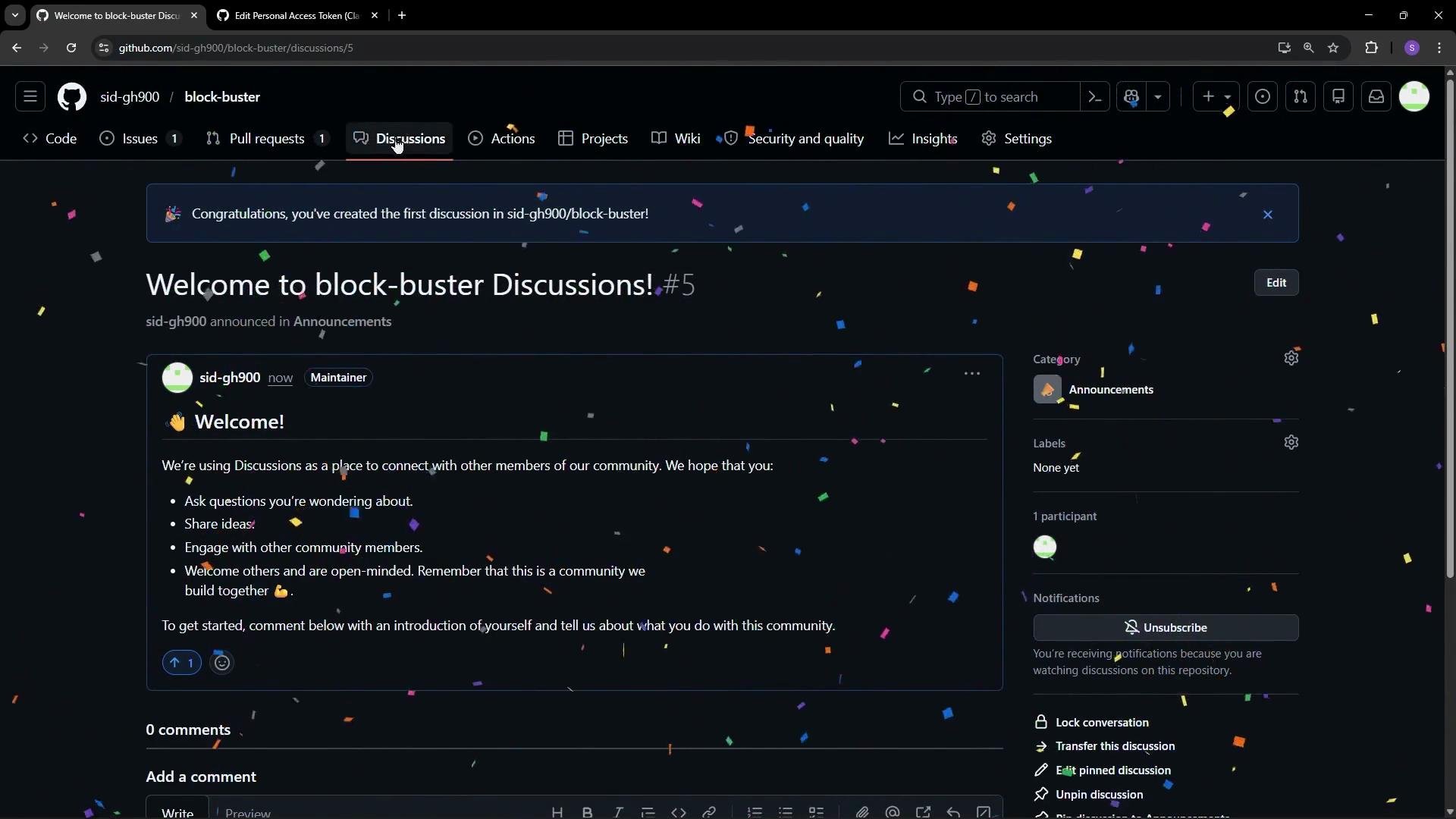 The image shows a GitHub Discussions page titled "Welcome to block-buster Discussions!" with confetti animation, indicating the creation of the first discussion in a repository.