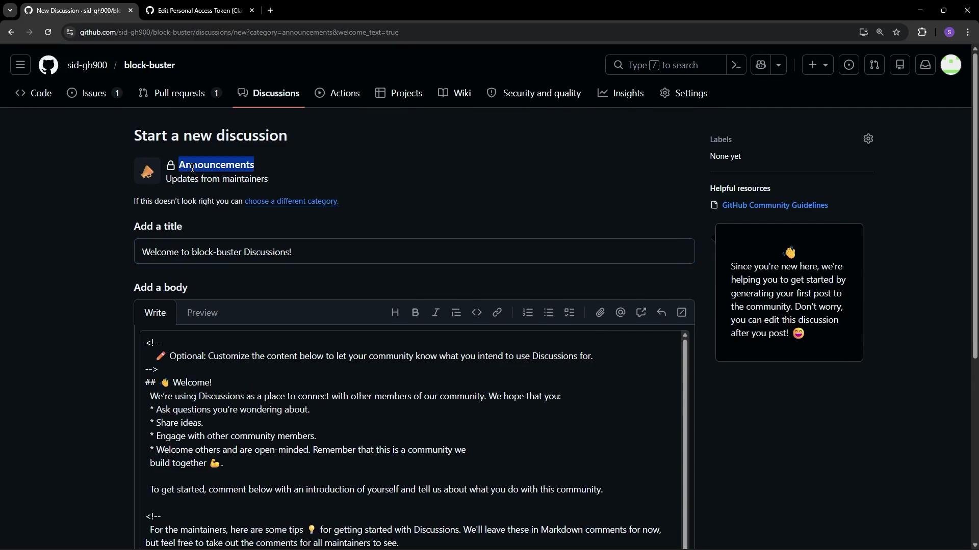The image shows the GitHub interface for starting a new discussion in the "block-buster" repository. It includes fields to add a discussion title and body, along with sample text and guidelines.