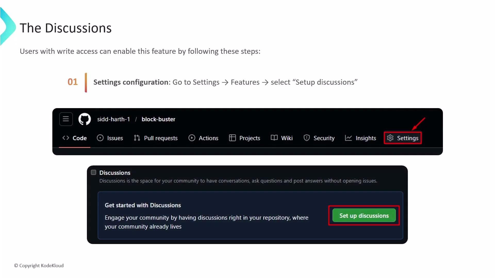 The image provides instructions for enabling the "Discussions" feature in a GitHub repository, showing where to access settings and set it up.
