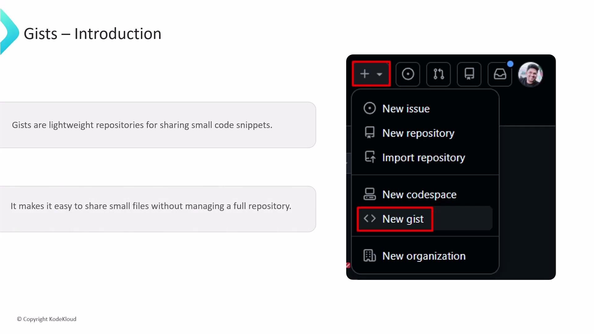 The image provides an introduction to "Gists," describing them as lightweight repositories for sharing small code snippets and showing a menu for creating a new gist.