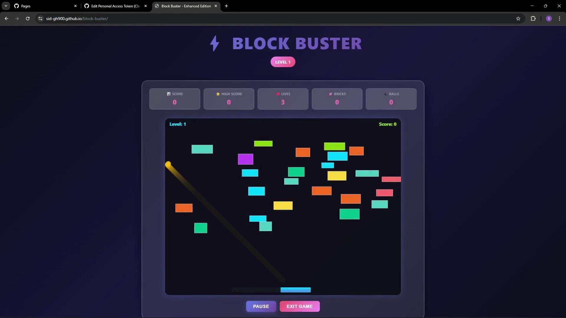 The image shows a browser-based game called "Block Buster," which includes colorful blocks and a ball that the player controls to break them. The game interface displays scores, lives, bricks, and balls, along with options to pause or exit the game.