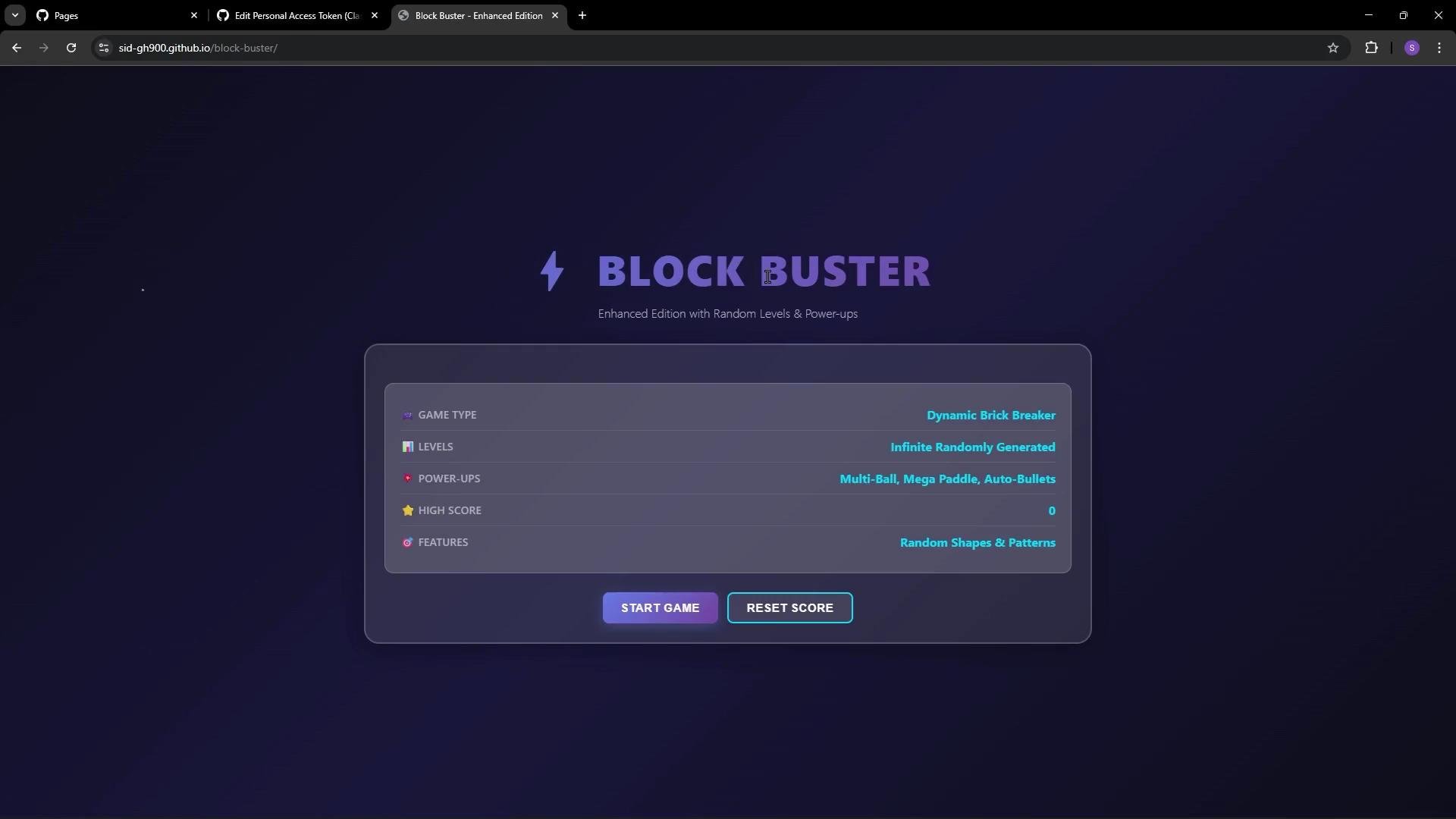 The image shows the start screen of a web-based game called "Block Buster," featuring options to start the game or reset the score, with various game attributes like dynamic brick breaker and power-ups listed.