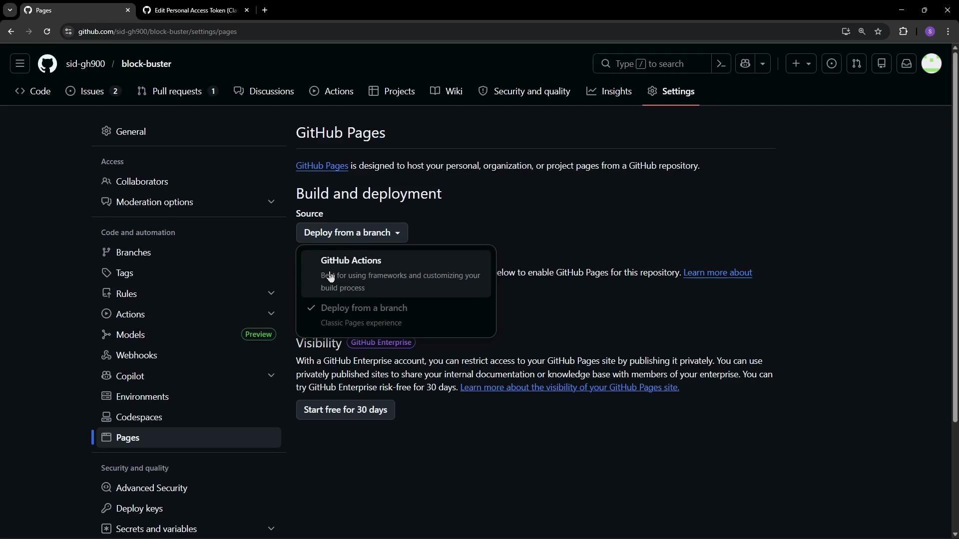 The image shows the GitHub Pages settings interface, where options for build and deployment using branches or GitHub Actions are available. It includes sections for access, code automation, and security features related to a GitHub repository.