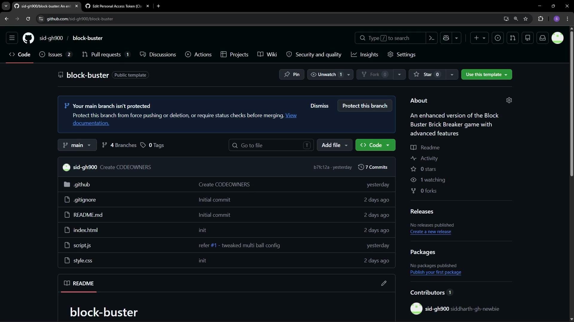 The image shows a GitHub repository page for a project called "block-buster," which is an enhanced version of the Block Buster Brick Breaker game. The project includes several files such as .gitignore, README.md, index.html, script.js, and style.css.
